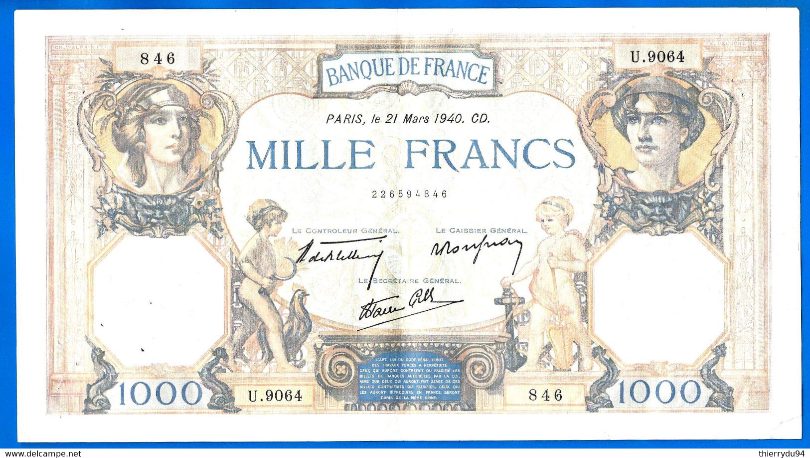 France 1000 Francs 1940 21 Mars Prefix U Ceres Mercure Que Prix + Port Grand Billet Frcs Frc Paypal Bitcoin OK - 1 000 F 1927-1940 ''Cérès Et Mercure''