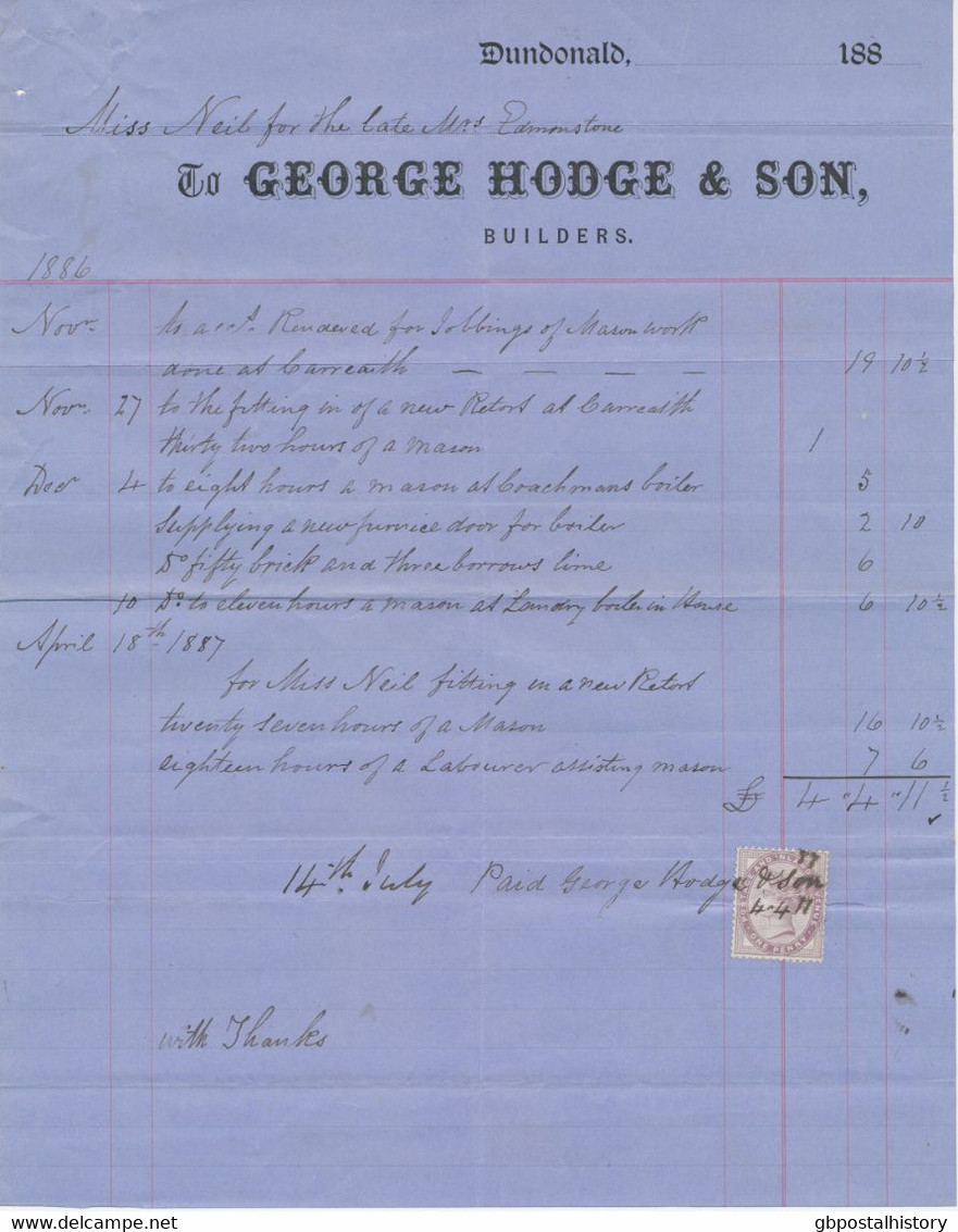 SCOTLAND DUNDONALD George Hodge & Son, Builders 1887 Attractive Nice Old Vintage - Ver. Königreich