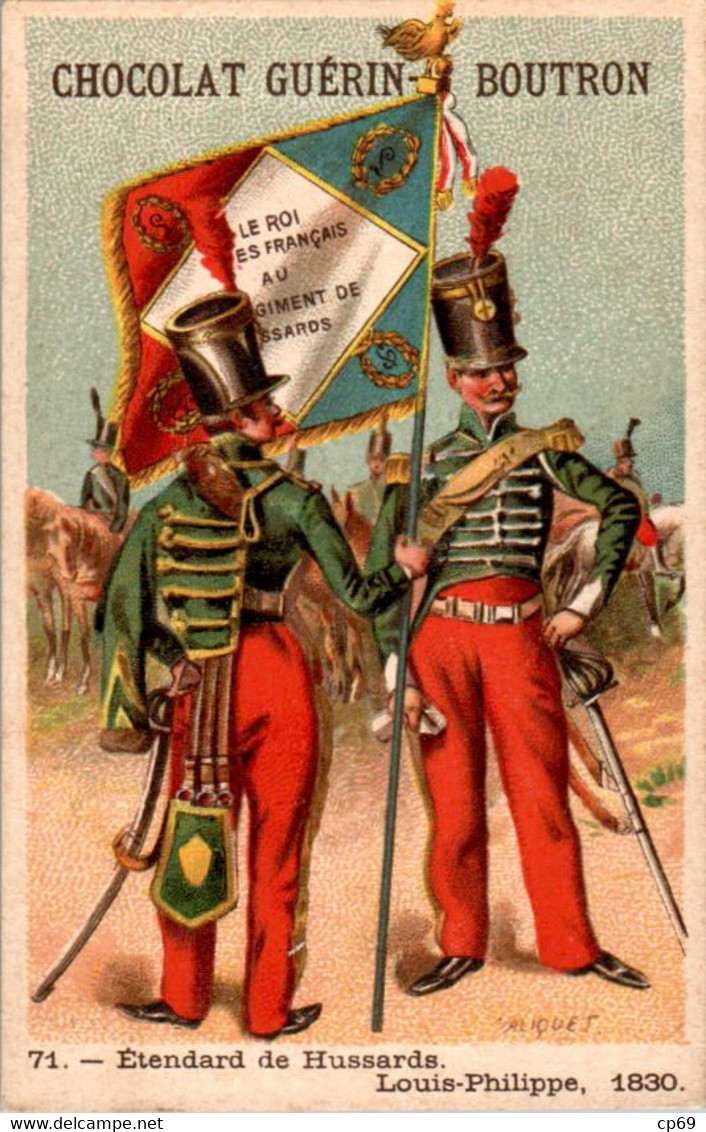 Chromo Ch. Guérin-Boutron Illus. Valiquet Flag Drapeau Etendard De Hussards Louis-Philippe 1830 Militaire Military N°71 - Guérin-Boutron