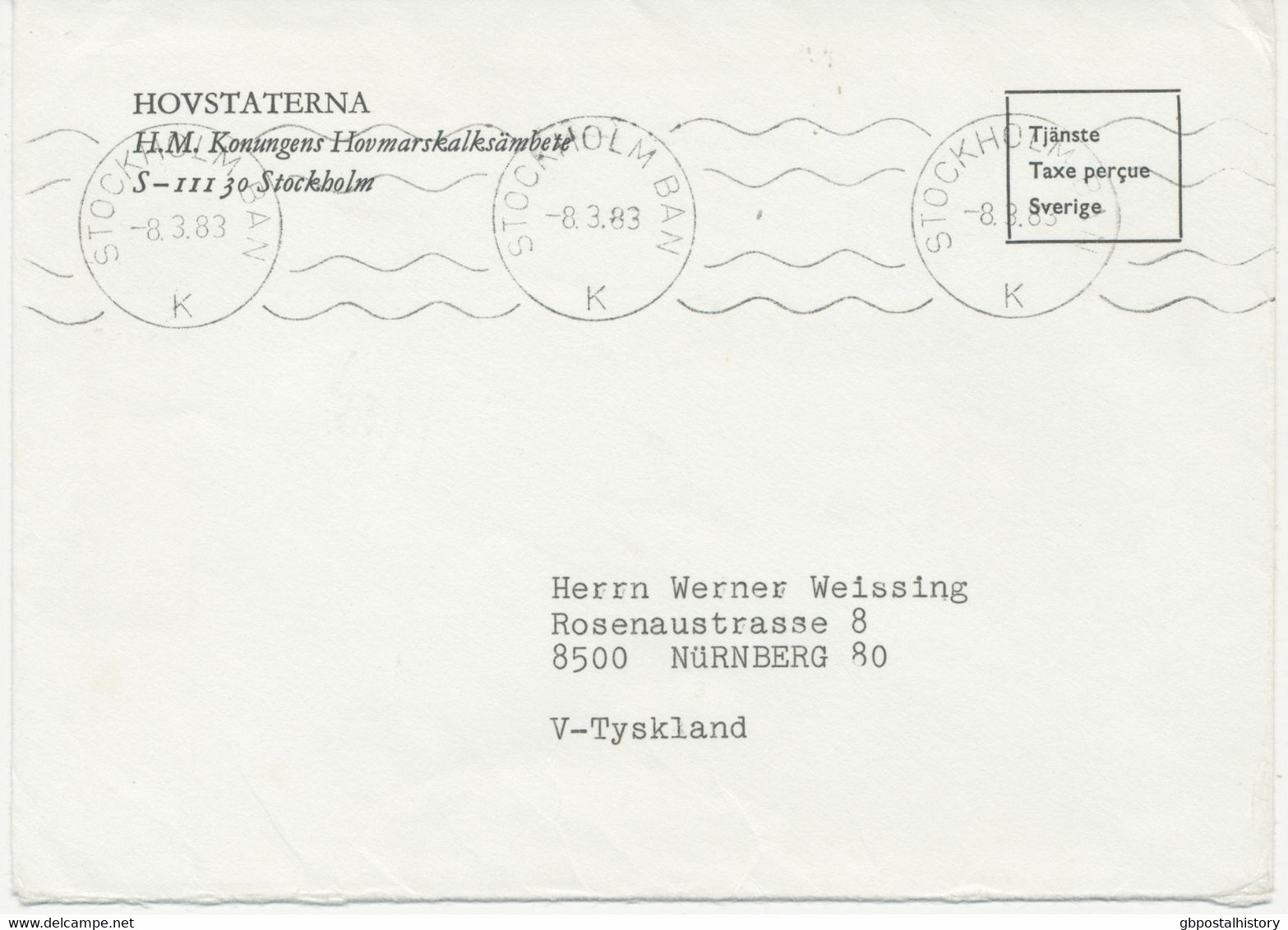 1983, Briefumschlag Des Königlichen Hauses, Schweden – Gebühr Bezahlt Mit Selt. Maschine-Stempel „STOCKHOLM BAN / K“ - Dienstmarken