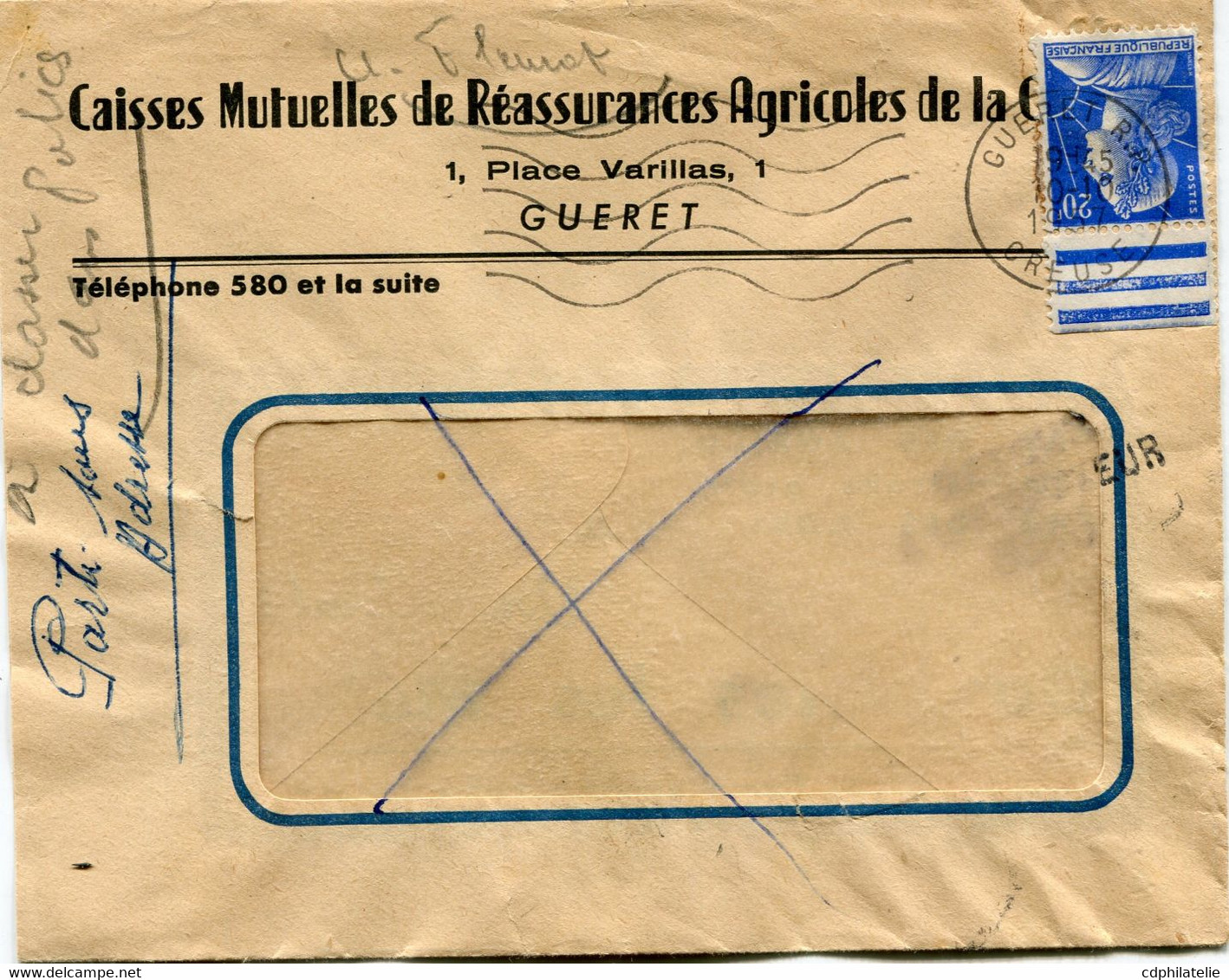FRANCE ENVELOPPE AVEC REPIQUAGES PUBLICITAIRES RECTO/VERSO DEPART GUERET 10-10-1957 CREUSE - 1955-1961 Marianne Van Muller