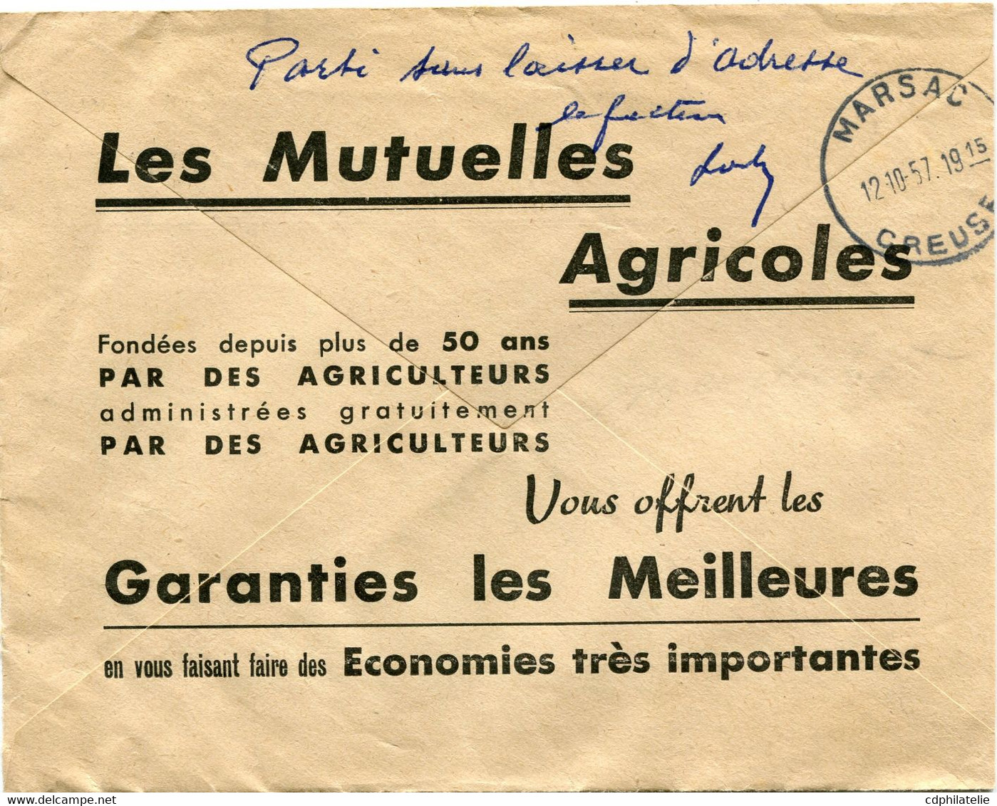 FRANCE ENVELOPPE AVEC REPIQUAGES PUBLICITAIRES RECTO/VERSO DEPART GUERET 10-10-1957 CREUSE - 1955-1961 Marianne (Muller)