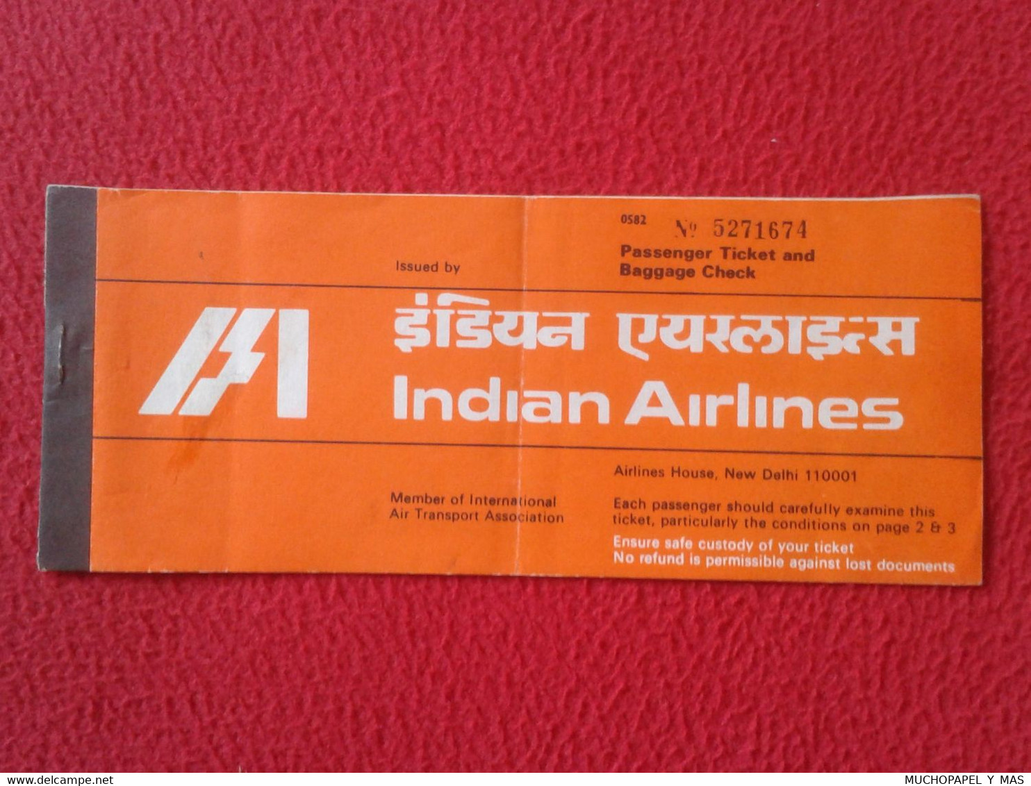 TARJETA DE EMBARQUE...PASSENGER TICKET AND BAGGAGE CHECK CHEKING AIR LINES INDIA LINEAS AÉREAS AIRLINES AVIATION INDIAN. - Bordkarten