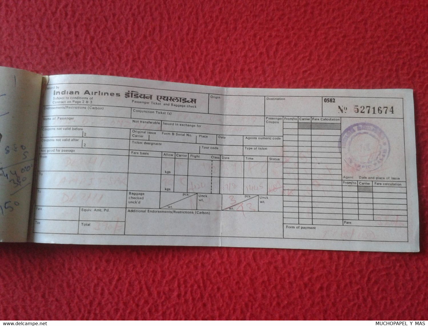 TARJETA DE EMBARQUE...PASSENGER TICKET AND BAGGAGE CHECK CHEKING AIR LINES INDIA LINEAS AÉREAS AIRLINES AVIATION INDIAN.