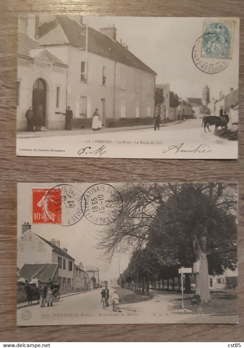 2 CPA - PERTHE - Boulevard De Melun - La Poste - La Route De Cély - Perthes