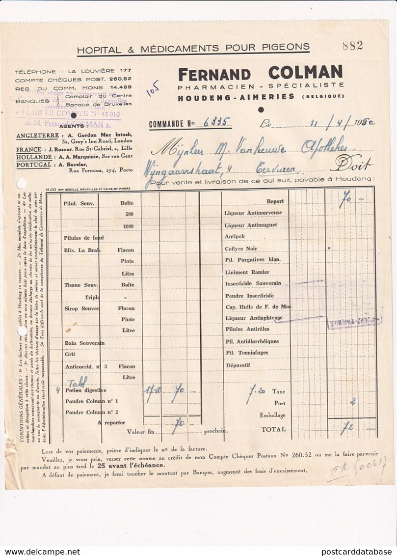 Hopital & Medicaments Pour Pigeons - Fernand Colman Pharmacien-Spécialiste Houdeng-Aimeries Facture 1950 - Sport En Toerisme