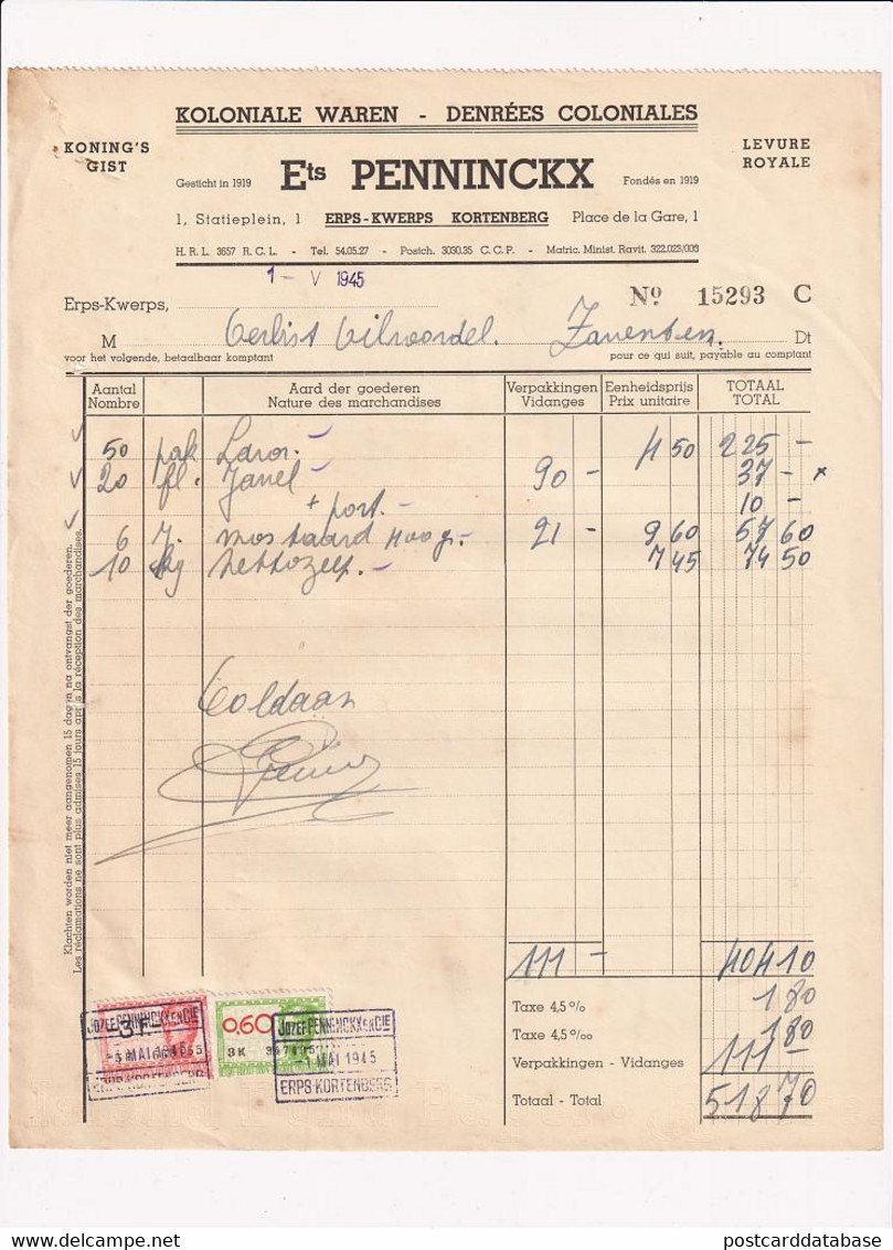 Koloniale Waren - Denrées Coloniales - Ets Penninckx - Erps-Kwerps Kortenberg - 1945 - Factuur - Alimentare