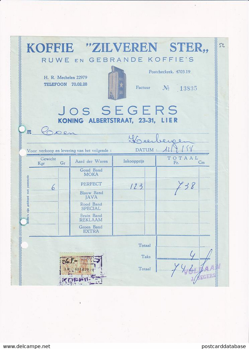 Koffie Zilveren Ster Jos Segers 1958 - Factuur - Alimentaire