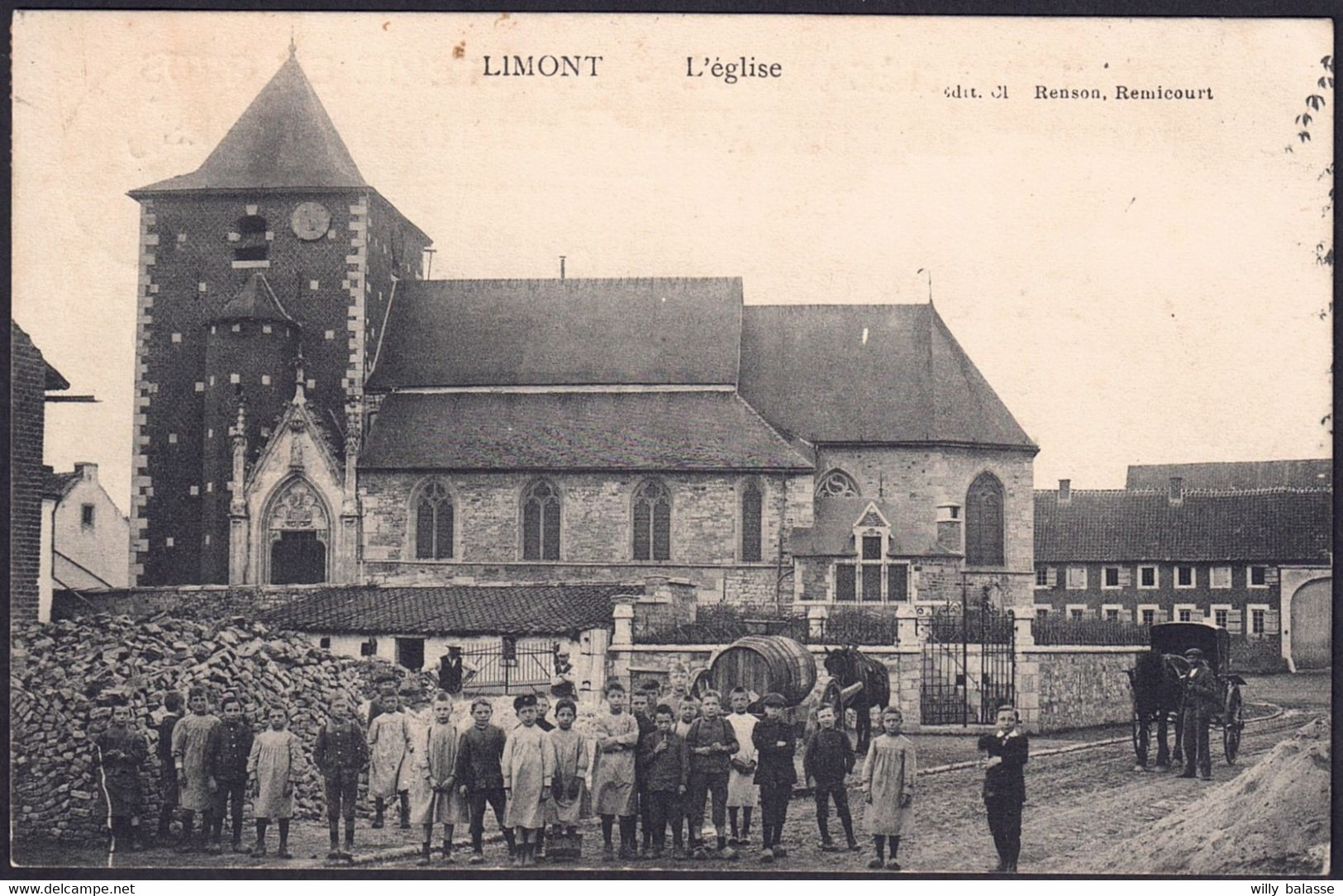 +++ CPA - LIMONT - Donceel - L'Eglise - Animée - Publicité Imprimerie REMICOURT - Timbres Colombophiles  // - Donceel