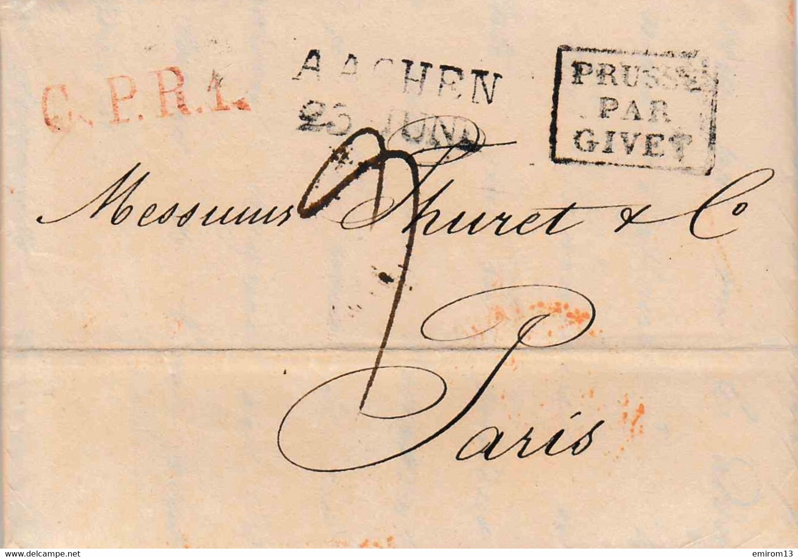 L.A.C De Aix La Chapelle (Aachen) Vers Paris 22juin 1821 Entrée Prusse Par Givet 9 De Port C.P.R.1 En Rouge - Marques D'entrées