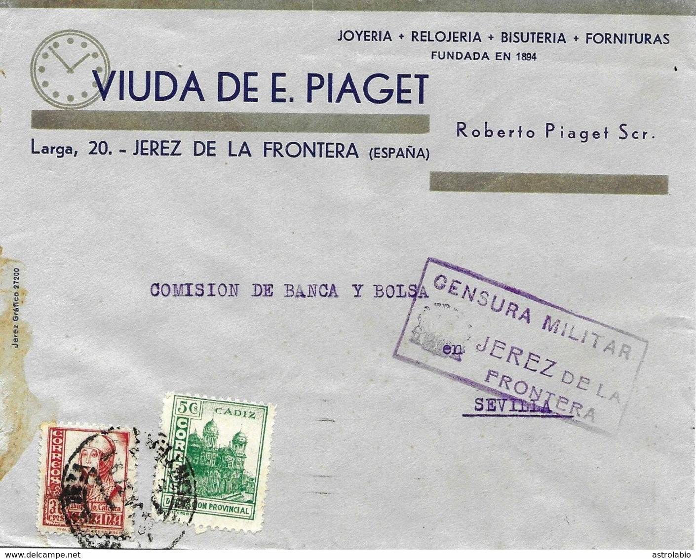 Carta De Jerez De La Frontera  A Sevilla 1937 Publicidad De Relojería Y Censura. Ver 2 Scan - Horlogerie