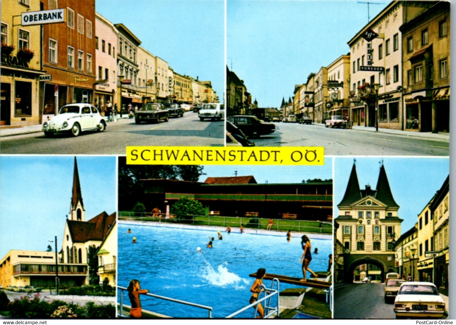 5409  - Oberösterreich , Schwanenstadt , Straßenmotiv , Schwimmbad , Auto - Gelaufen 1974 - Vöcklabruck