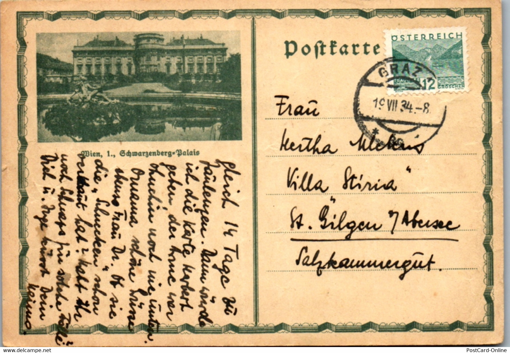 5534  - Wien , Schwarzenberg Palais , Postkarte Graz Nach St. Gilgen - Gelaufen 1934 - Storia Postale