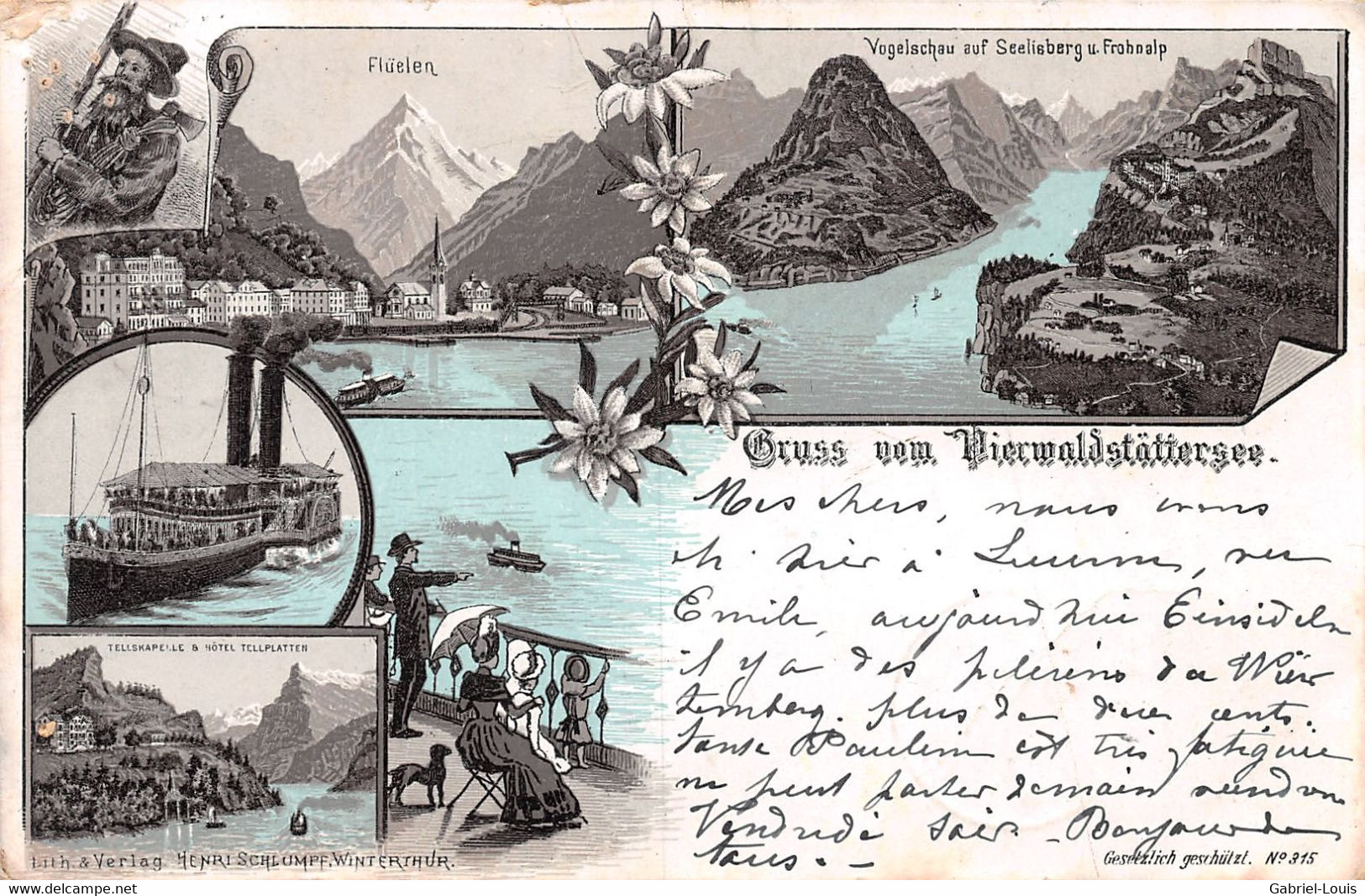 Gruss Vom Vierwaldstättersee Flüelen Tellskapelle  Litho Steamer Dampfer - Bateau à Vapeur - Dampfschiff - Schlumpf Lith - Flüelen