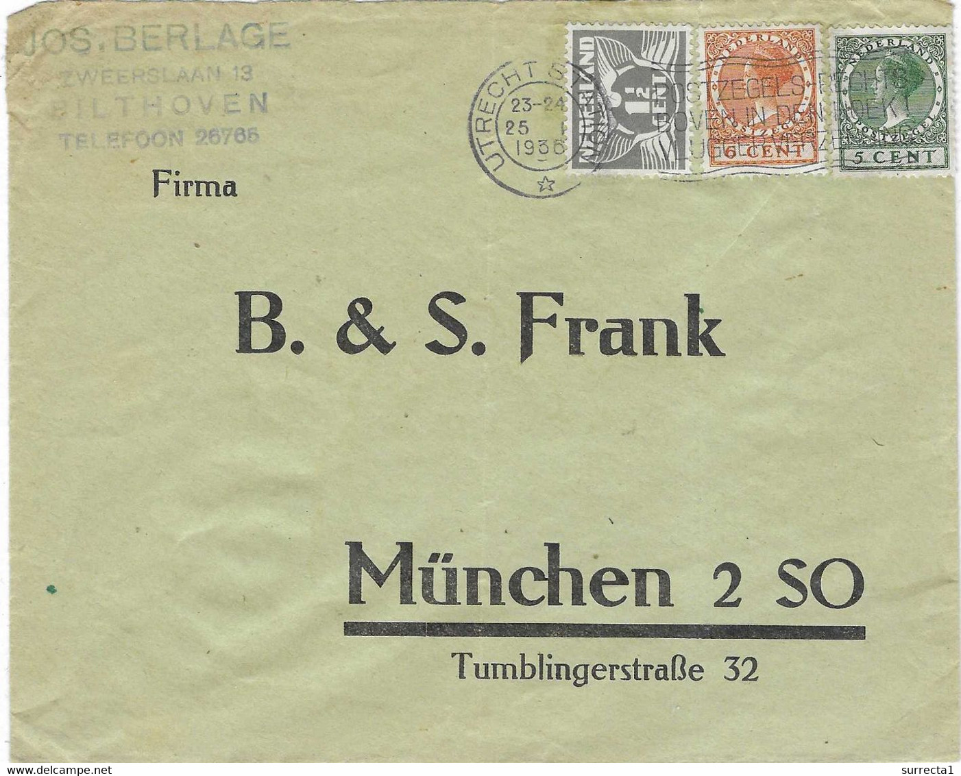 1936 / Enveloppe Commerciale Jos. BERLAGE / Bilthoven Nederland / Flamme Utrecht Station / Pour München Allemagne - Pays-Bas
