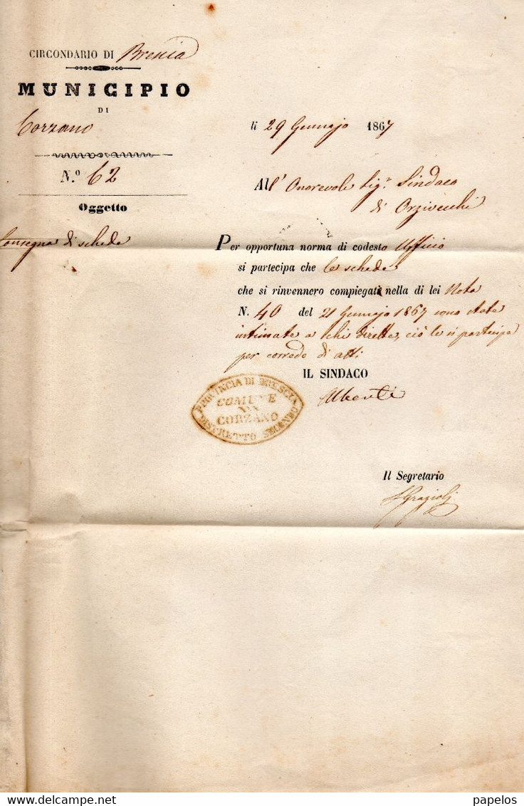 1867  LETTERA CON ANNULLO LOGRATO  BRESCIA + COMUNALE CORZANO - Service
