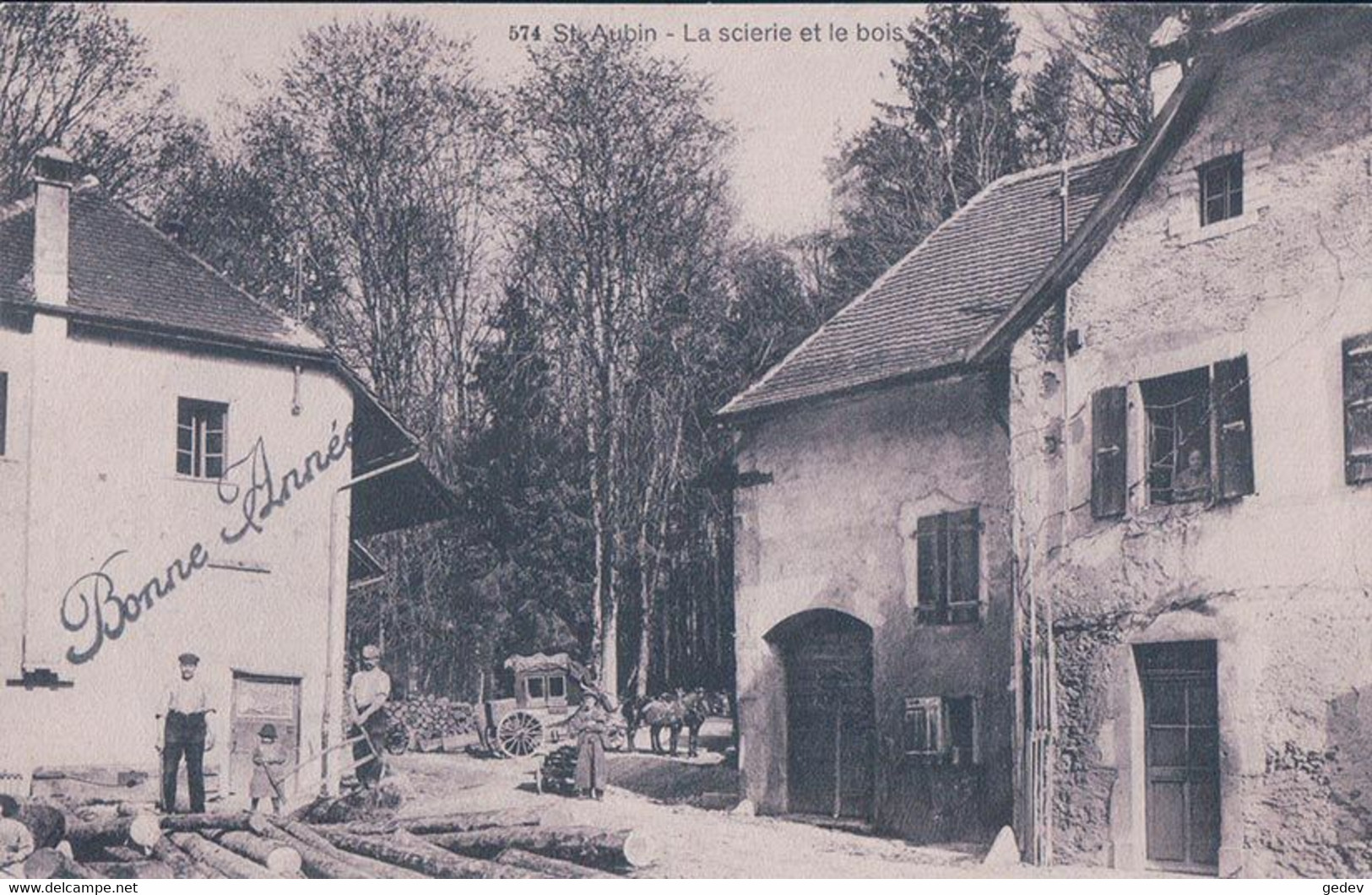 St Aubin, La Scierie Et Diligence Tirée Par 2 Chevaux, Attelage (31.12.1910) - Saint-Aubin/Sauges