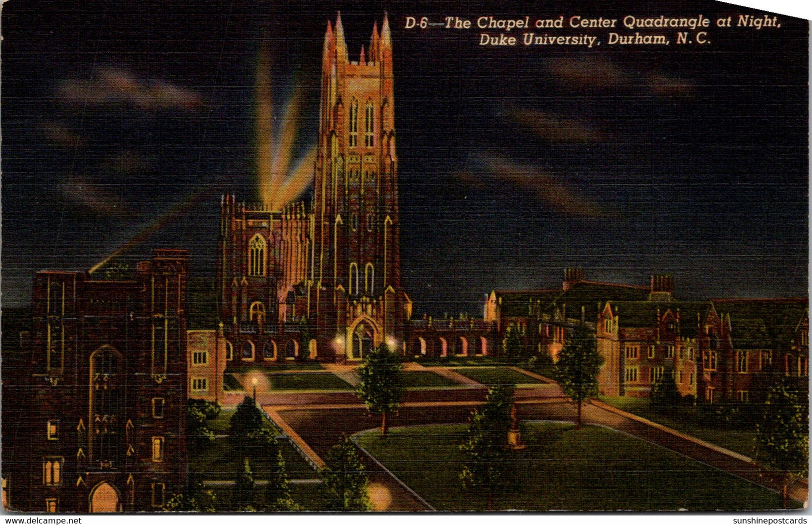 North Carolina Durham The Chapel And Center Quadrangle At Night Duke University Curteich - Durham