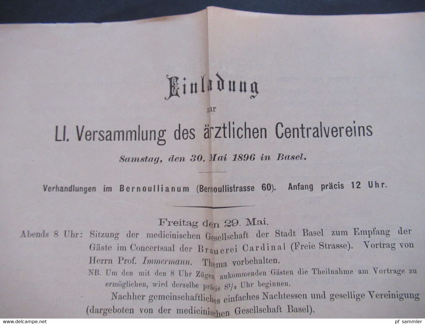 Schweiz 1896 Nr. 50 EF Drucksache Einladung zur LI. Versammlung des ärztlichen Centralvereins im Bernoullianum in Basel