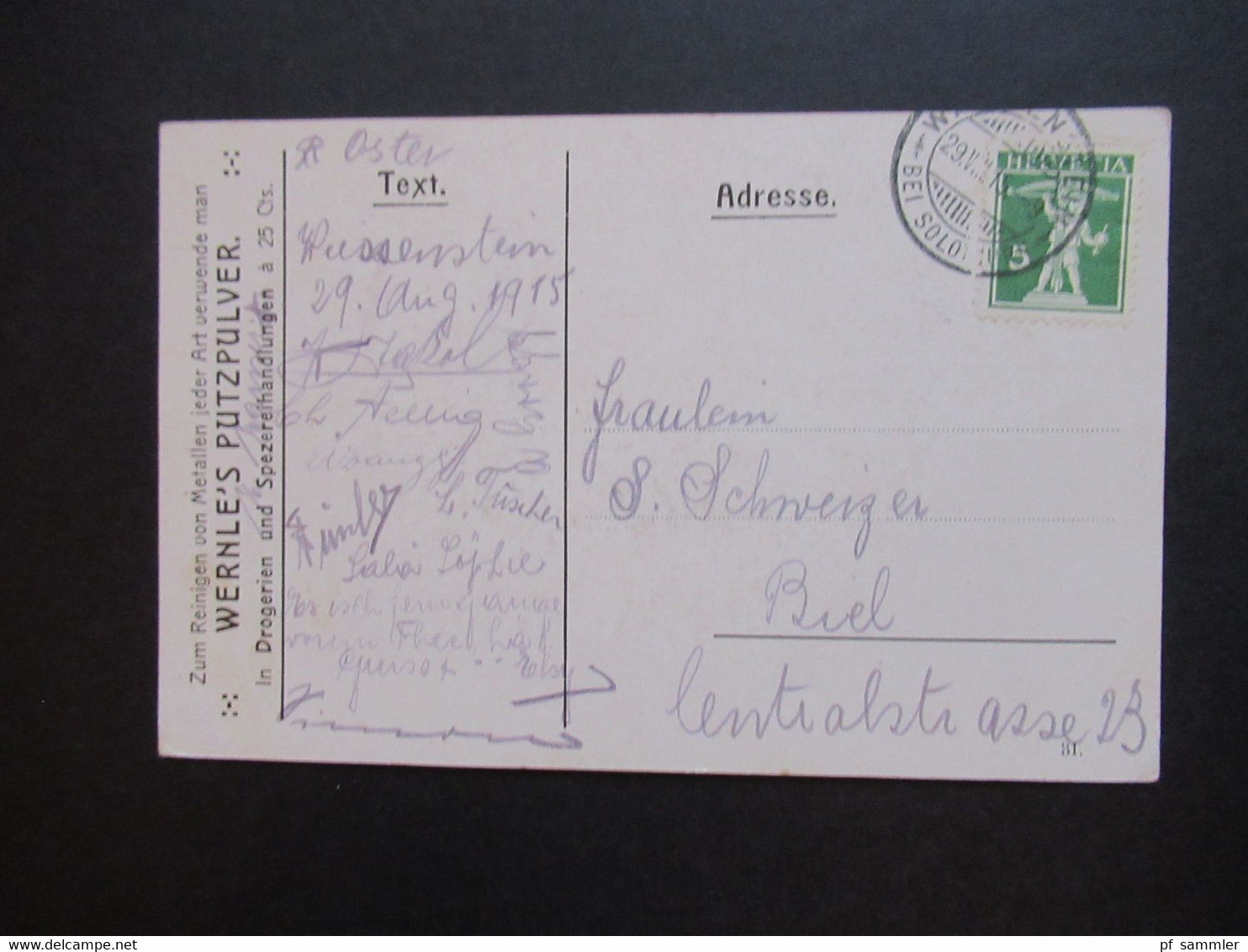 Schweiz 1915 Künstler AK Blumenvase Mit Werbezudruck Zum Reinigen V. Metallen Jeder Art Verwende Man Wernle's Putzpulver - Lettres & Documents