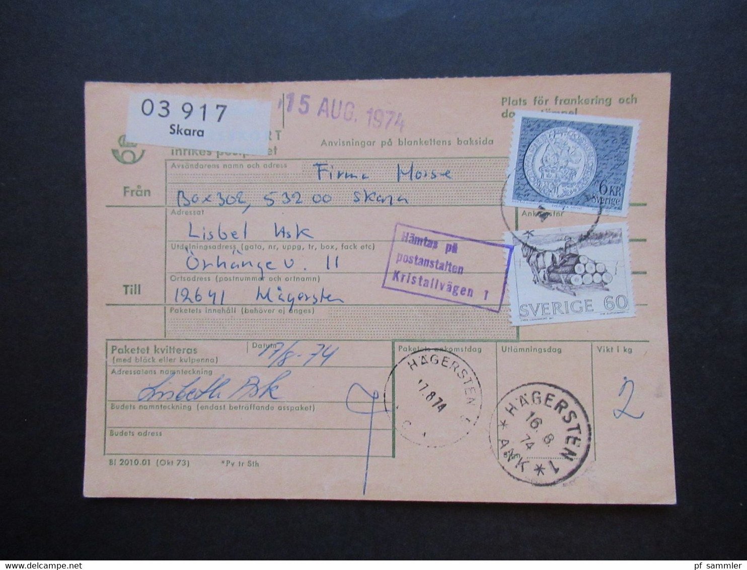 Schweden 1970 / 74 Paketkarten 7 Stück Davon 2x Nach England Violetter Stempel Hämtas Pä Postanstalten Kristallvägen 1 - Brieven En Documenten