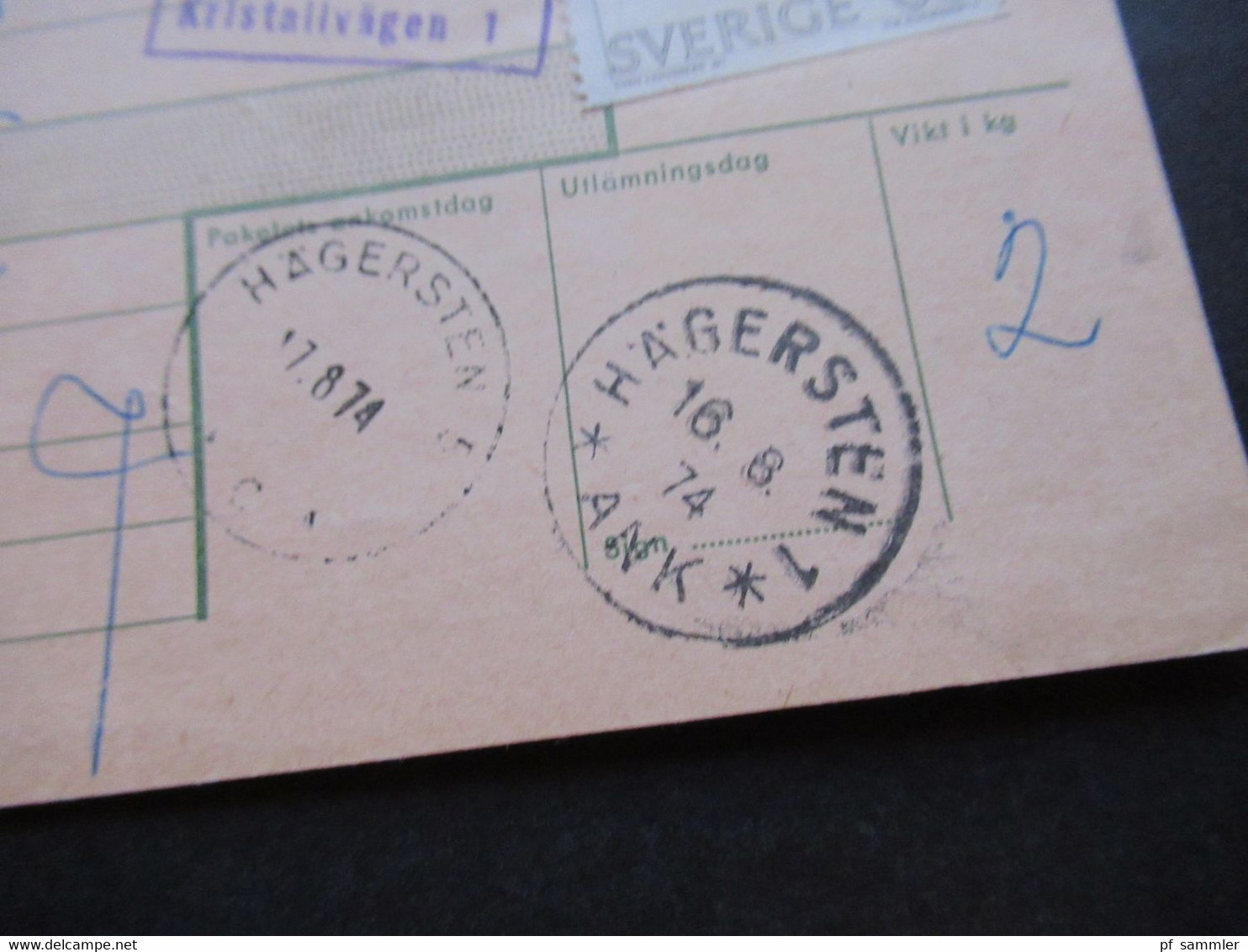 Schweden 1970 / 74 Paketkarten 7 Stück Davon 2x Nach England Violetter Stempel Hämtas Pä Postanstalten Kristallvägen 1 - Brieven En Documenten