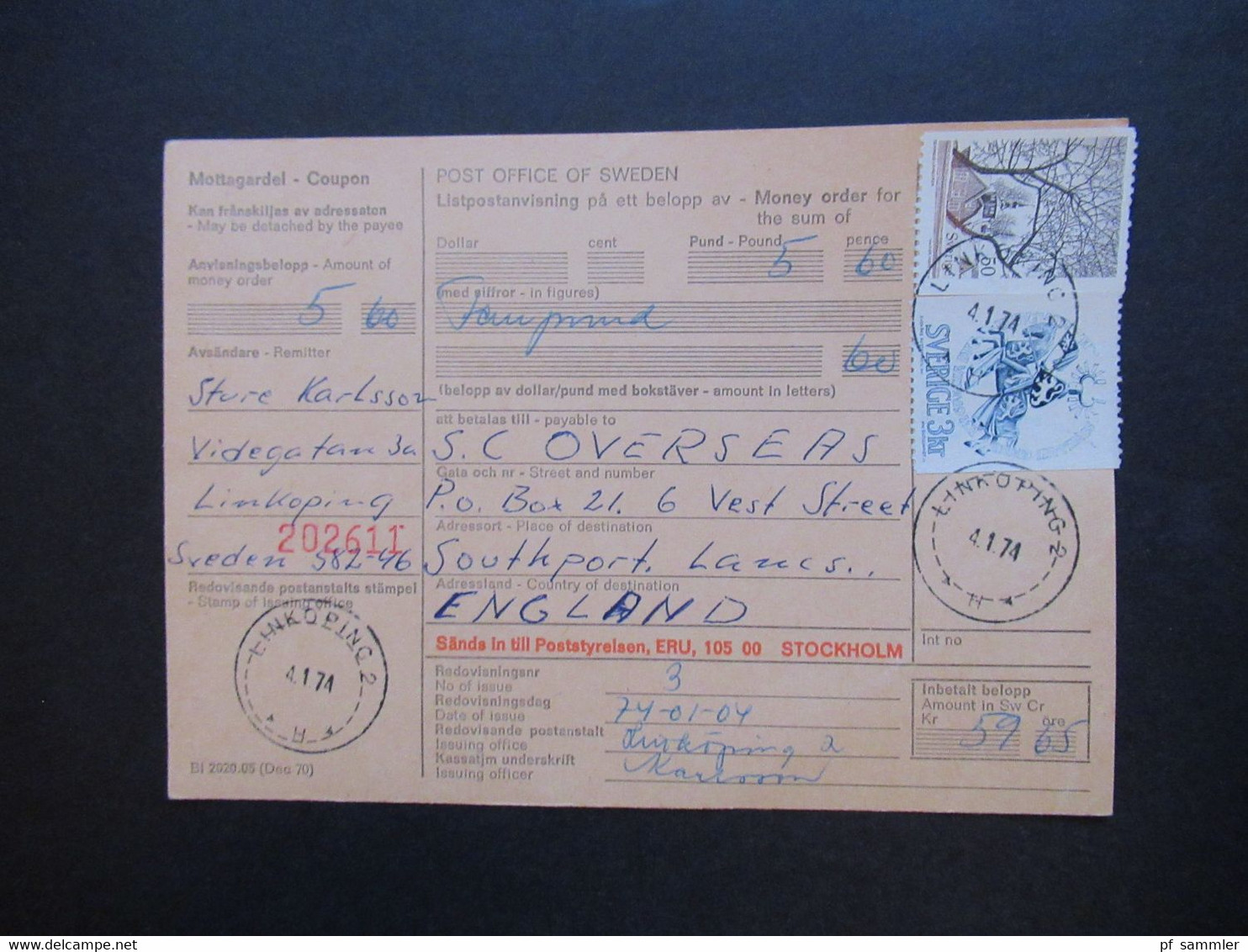 Schweden 1970 / 74 Paketkarten 7 Stück davon 2x nach England violetter Stempel Hämtas pä postanstalten Kristallvägen 1