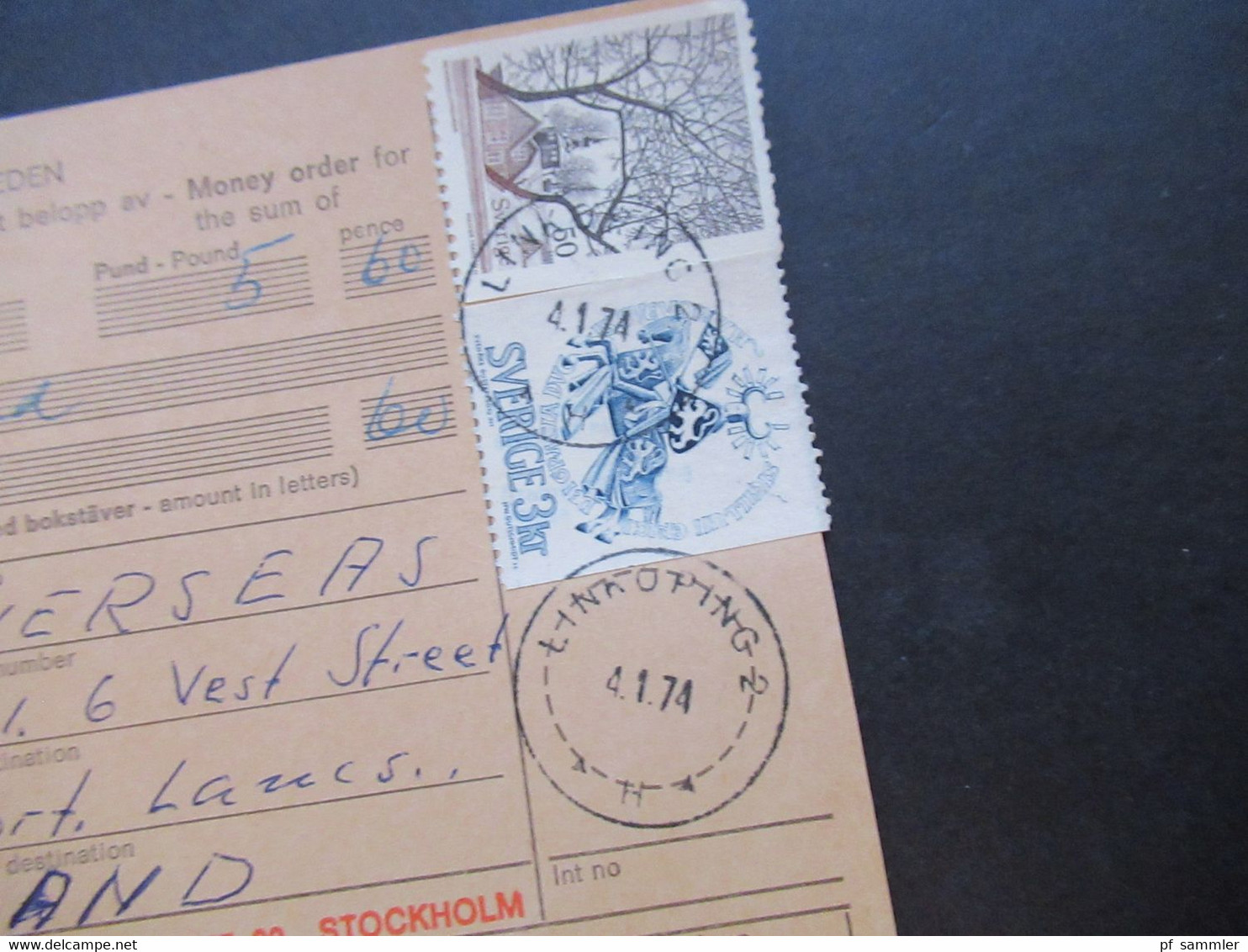 Schweden 1970 / 74 Paketkarten 7 Stück davon 2x nach England violetter Stempel Hämtas pä postanstalten Kristallvägen 1