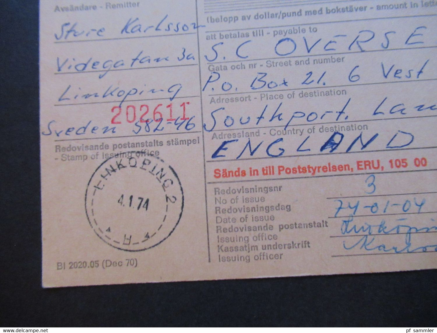 Schweden 1970 / 74 Paketkarten 7 Stück davon 2x nach England violetter Stempel Hämtas pä postanstalten Kristallvägen 1