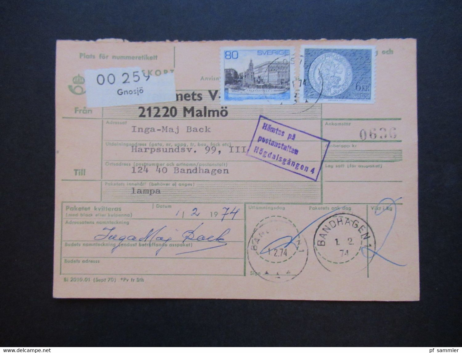 Schweden 1970 / 74 Paketkarten 7 Stück davon 2x nach England violetter Stempel Hämtas pä postanstalten Kristallvägen 1