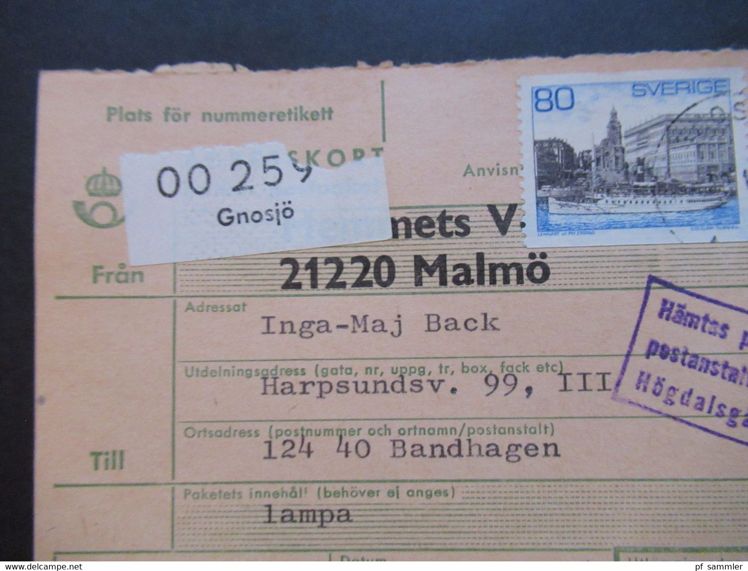 Schweden 1970 / 74 Paketkarten 7 Stück davon 2x nach England violetter Stempel Hämtas pä postanstalten Kristallvägen 1