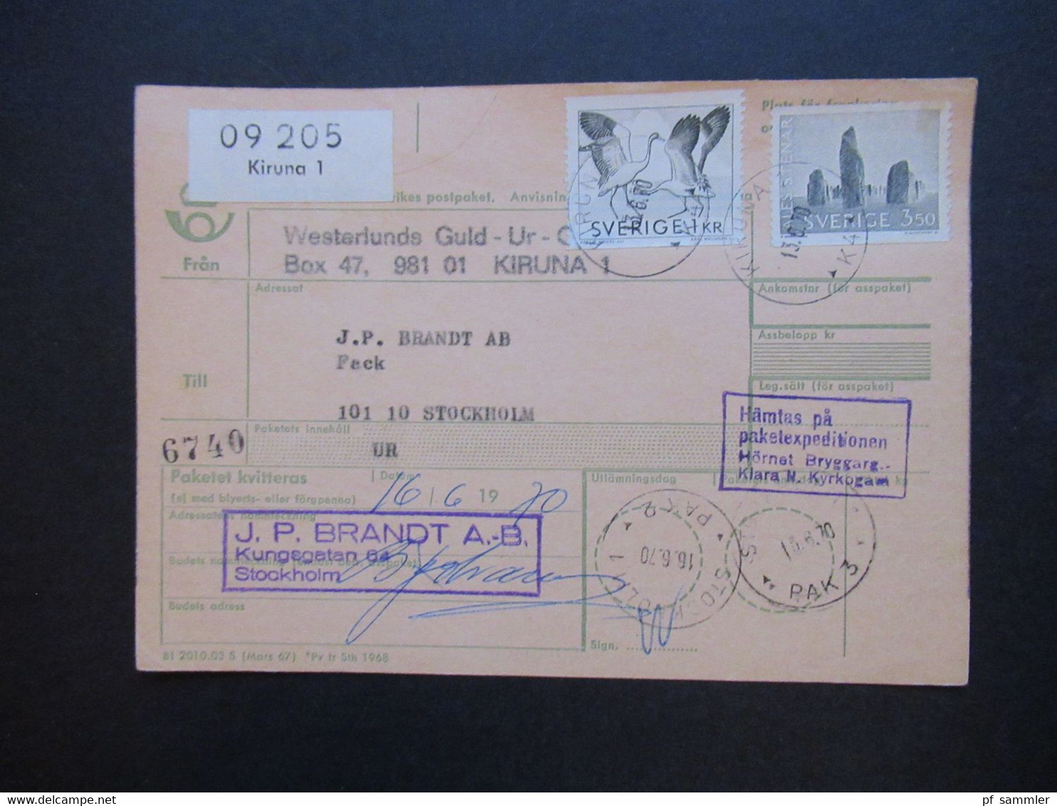 Schweden 1970 / 74 Paketkarten 7 Stück davon 2x nach England violetter Stempel Hämtas pä postanstalten Kristallvägen 1