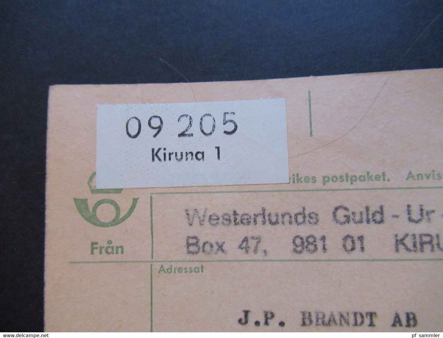 Schweden 1970 / 74 Paketkarten 7 Stück davon 2x nach England violetter Stempel Hämtas pä postanstalten Kristallvägen 1