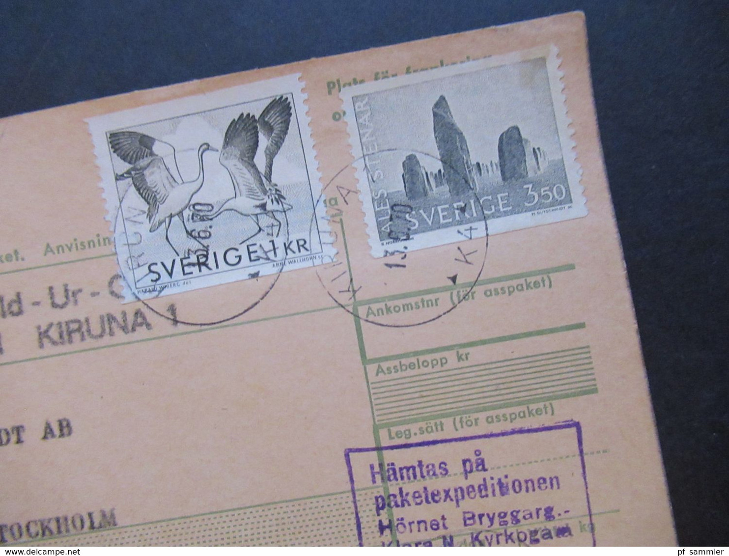 Schweden 1970 / 74 Paketkarten 7 Stück davon 2x nach England violetter Stempel Hämtas pä postanstalten Kristallvägen 1