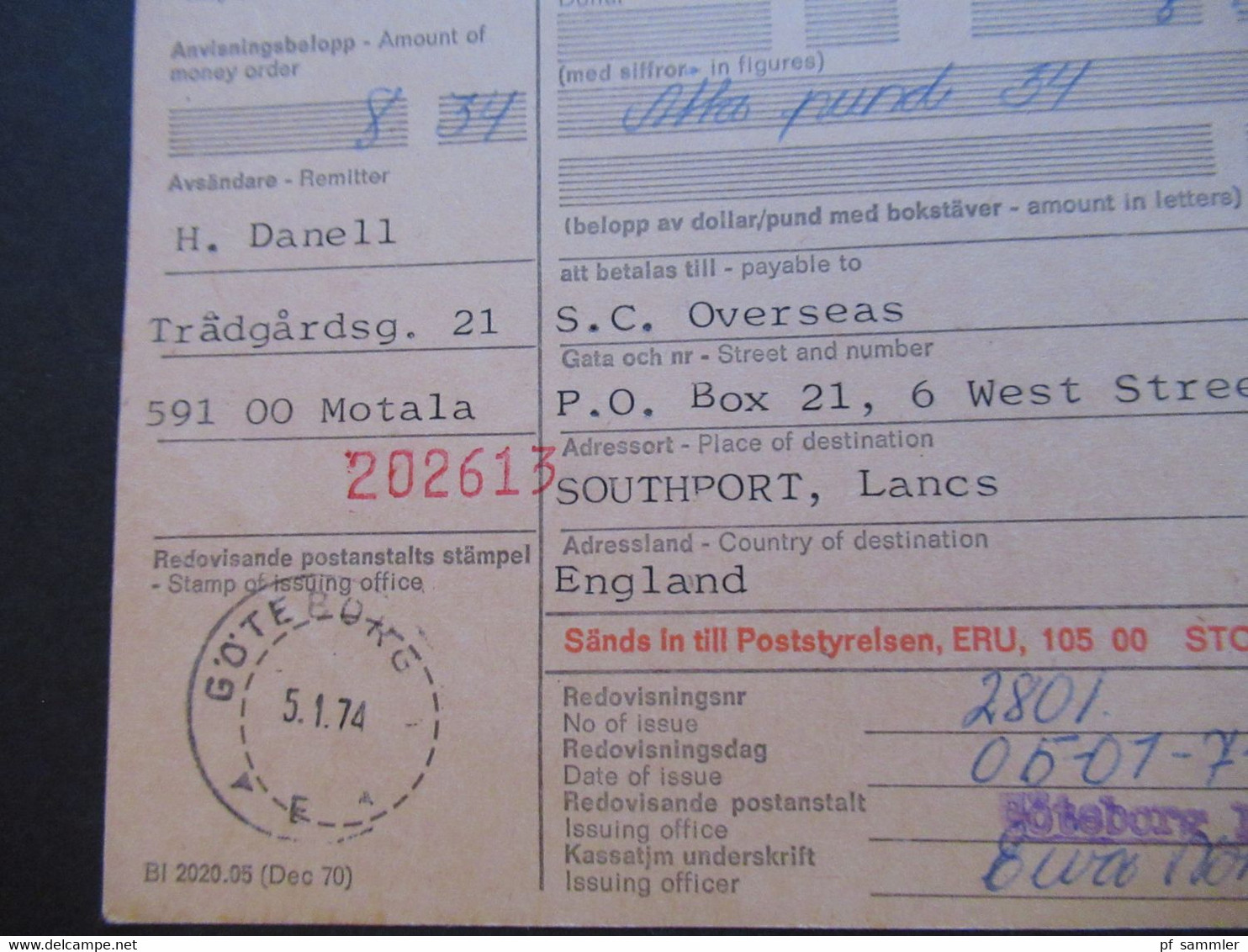 Schweden 1970 / 74 Paketkarten 7 Stück davon 2x nach England violetter Stempel Hämtas pä postanstalten Kristallvägen 1