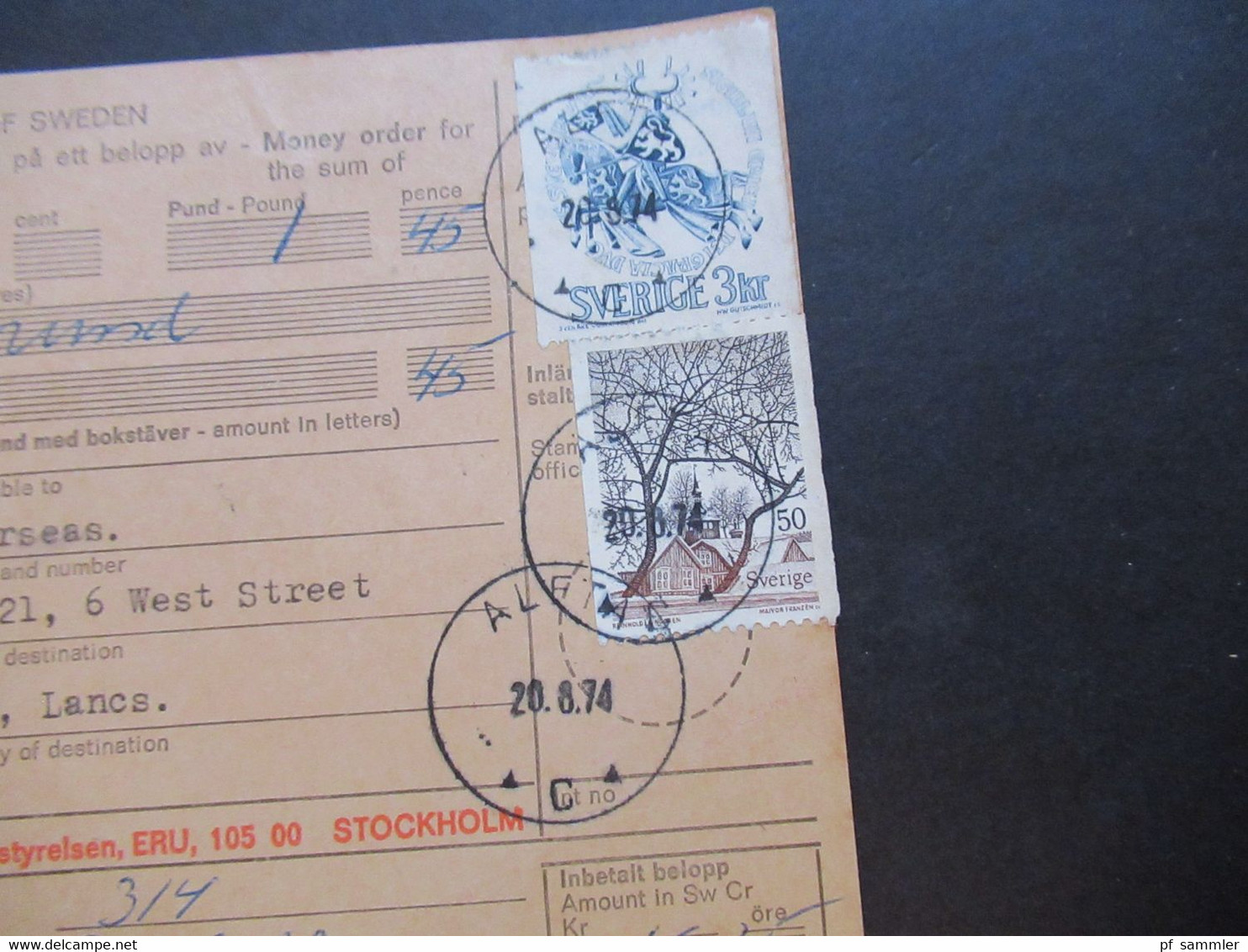 Schweden 1970 / 74 Paketkarten 7 Stück davon 2x nach England violetter Stempel Hämtas pä postanstalten Kristallvägen 1