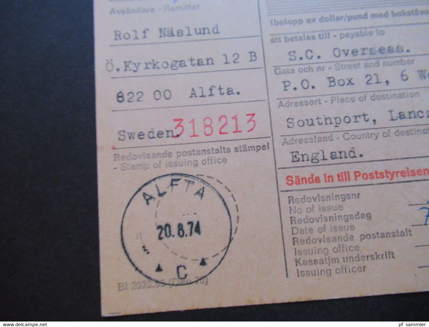 Schweden 1970 / 74 Paketkarten 7 Stück davon 2x nach England violetter Stempel Hämtas pä postanstalten Kristallvägen 1