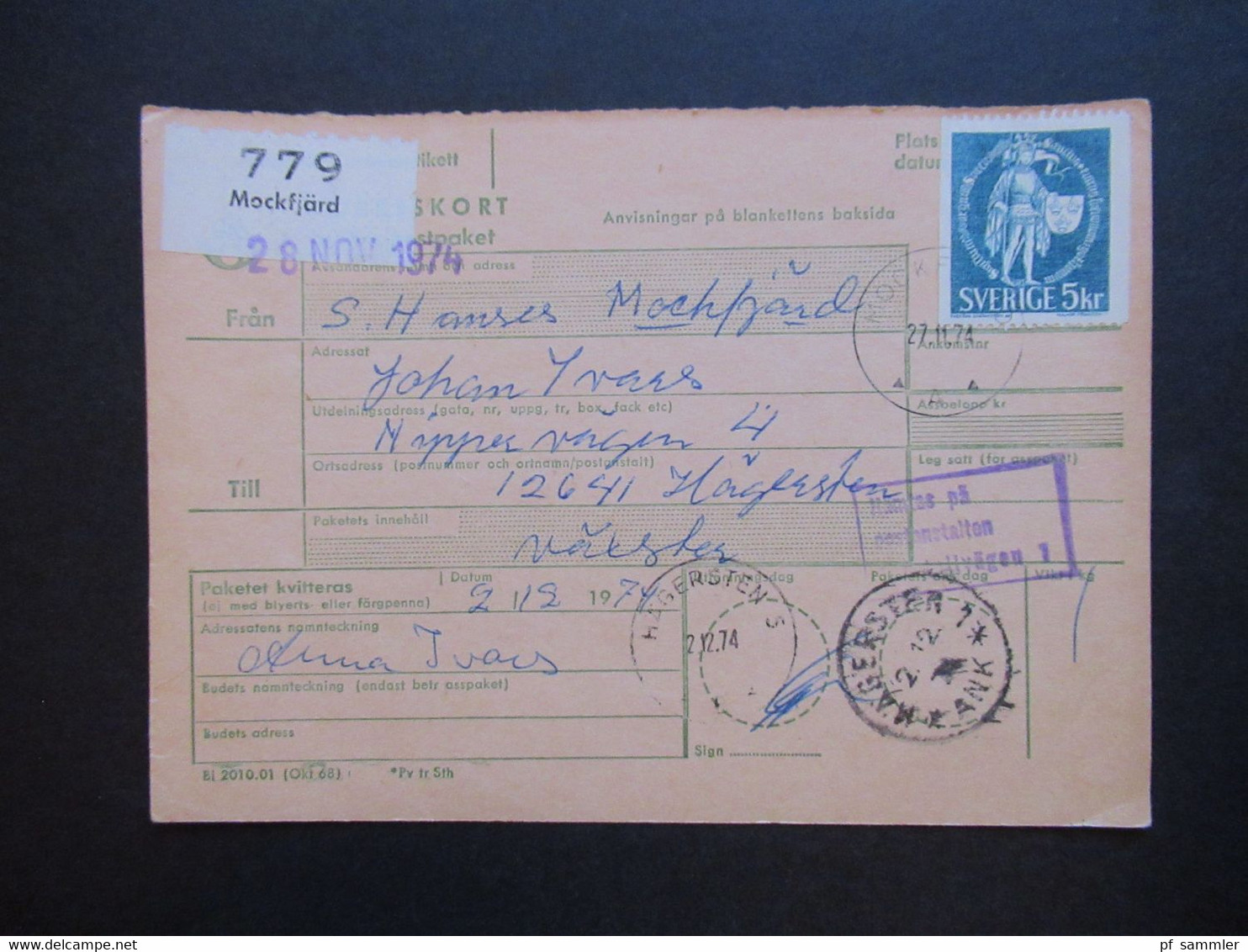 Schweden 1970 / 74 Paketkarten 7 Stück davon 2x nach England violetter Stempel Hämtas pä postanstalten Kristallvägen 1