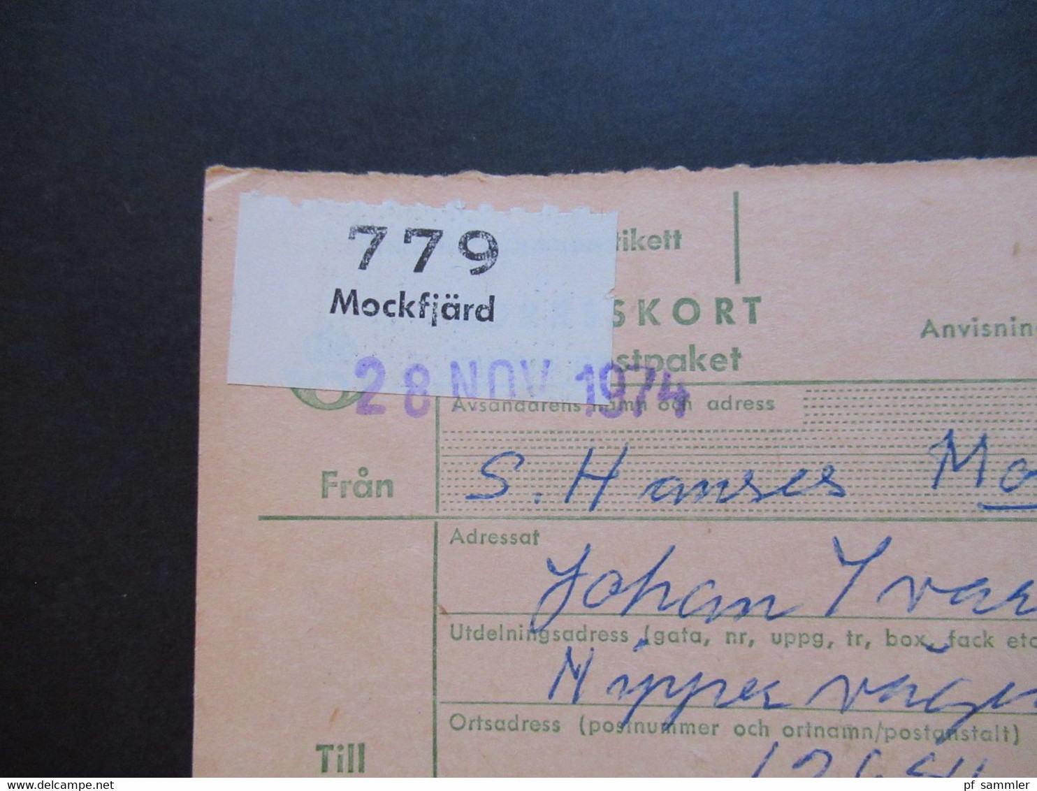 Schweden 1970 / 74 Paketkarten 7 Stück davon 2x nach England violetter Stempel Hämtas pä postanstalten Kristallvägen 1