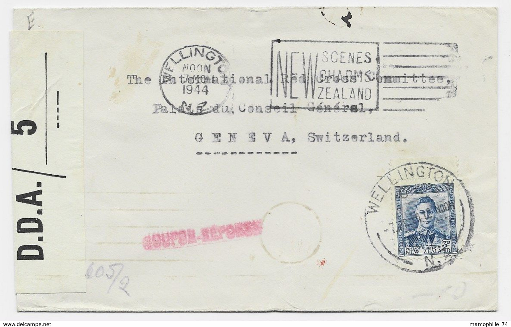 NEW ZEALAND 3D SOLO LETTRE COVER WELLINGTON 1944 TO RED CROSS SUISSE + CENSOR D.D.A.+ CENSURE NAZI - Covers & Documents