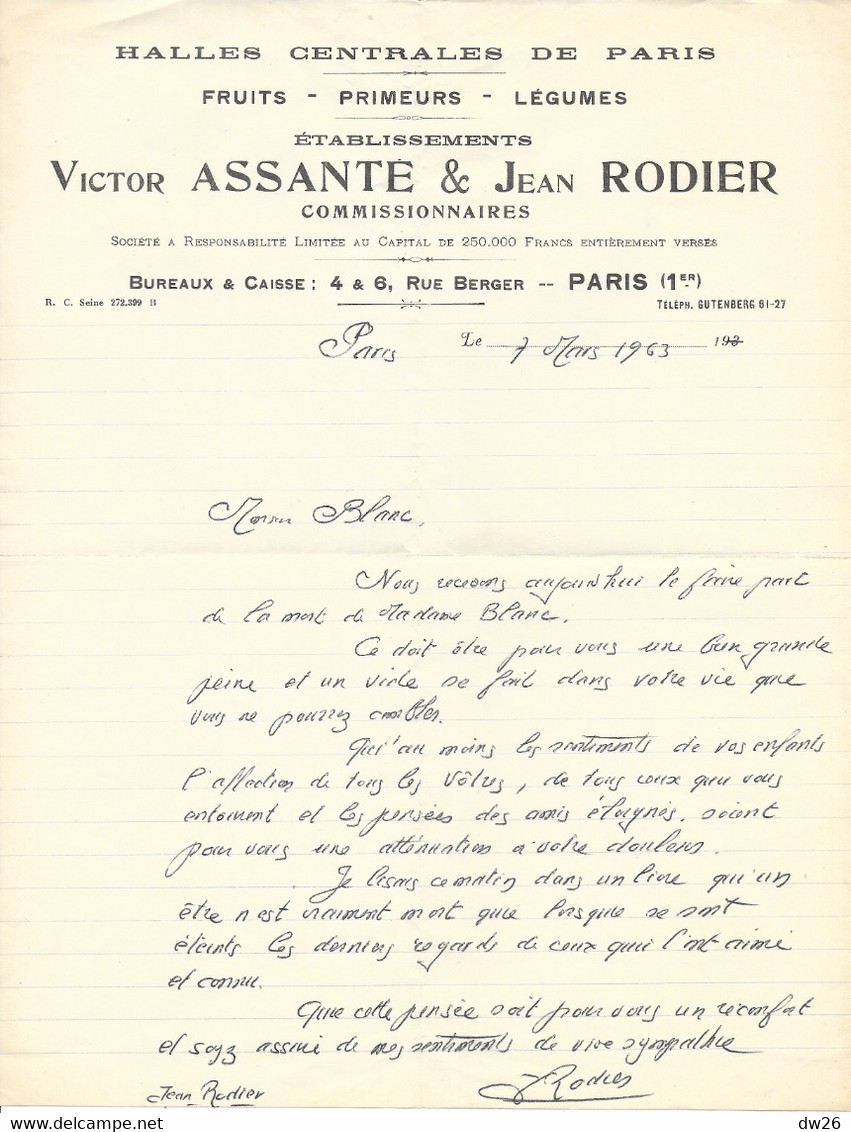 Lettre Et Enveloppe à Entête Publicitaire: Halles Centrales De Paris - Fruits Légumes Ets V. Assante & J. Rodier 1963 - 1900 – 1949