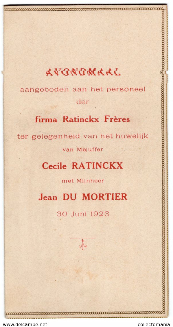 3 Menu 1880 Ratinckx Frères Drukker  Antwerpen Huwelijk Cecile Ratinckx 1923 Karel Spruyt  1922  Personeel Goede Staat - Menus