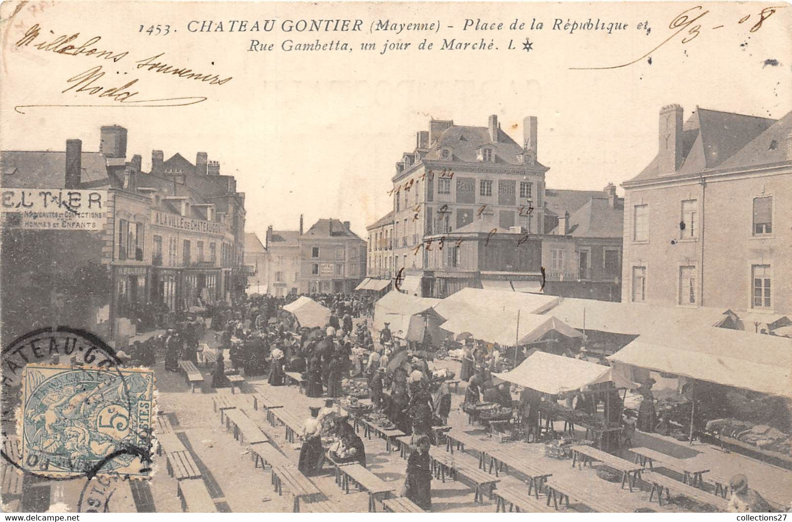 53-CHATEAU-GONTIER- PLACE DE LA REPUBLIQUE , RUE GAMBETTA UN JOUR DE MARCHE - Chateau Gontier