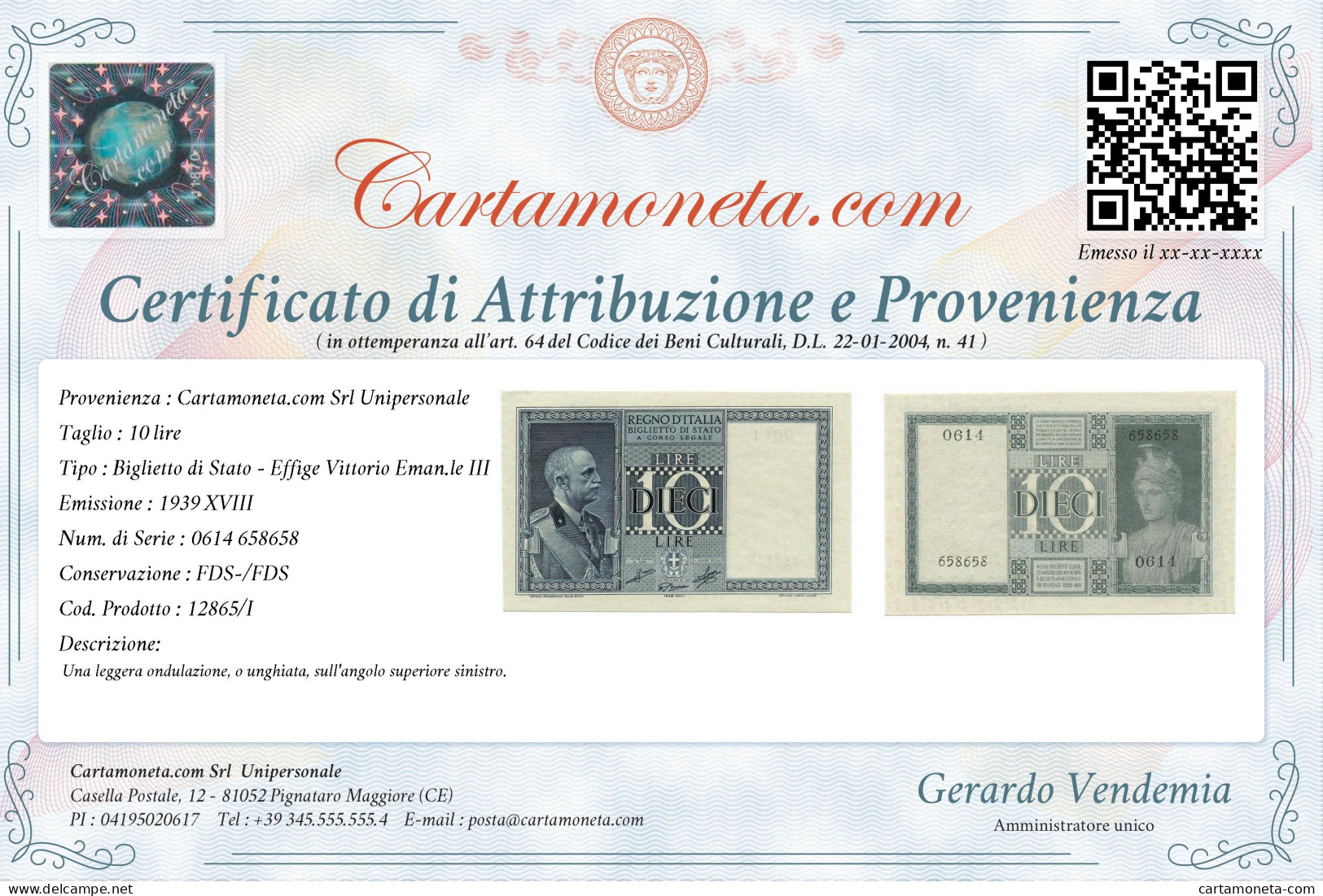 10 LIRE BIGLIETTO DI STATO VITTORIO EMANUELE III FASCIO 1939 XVIII FDS-/FDS - Otros