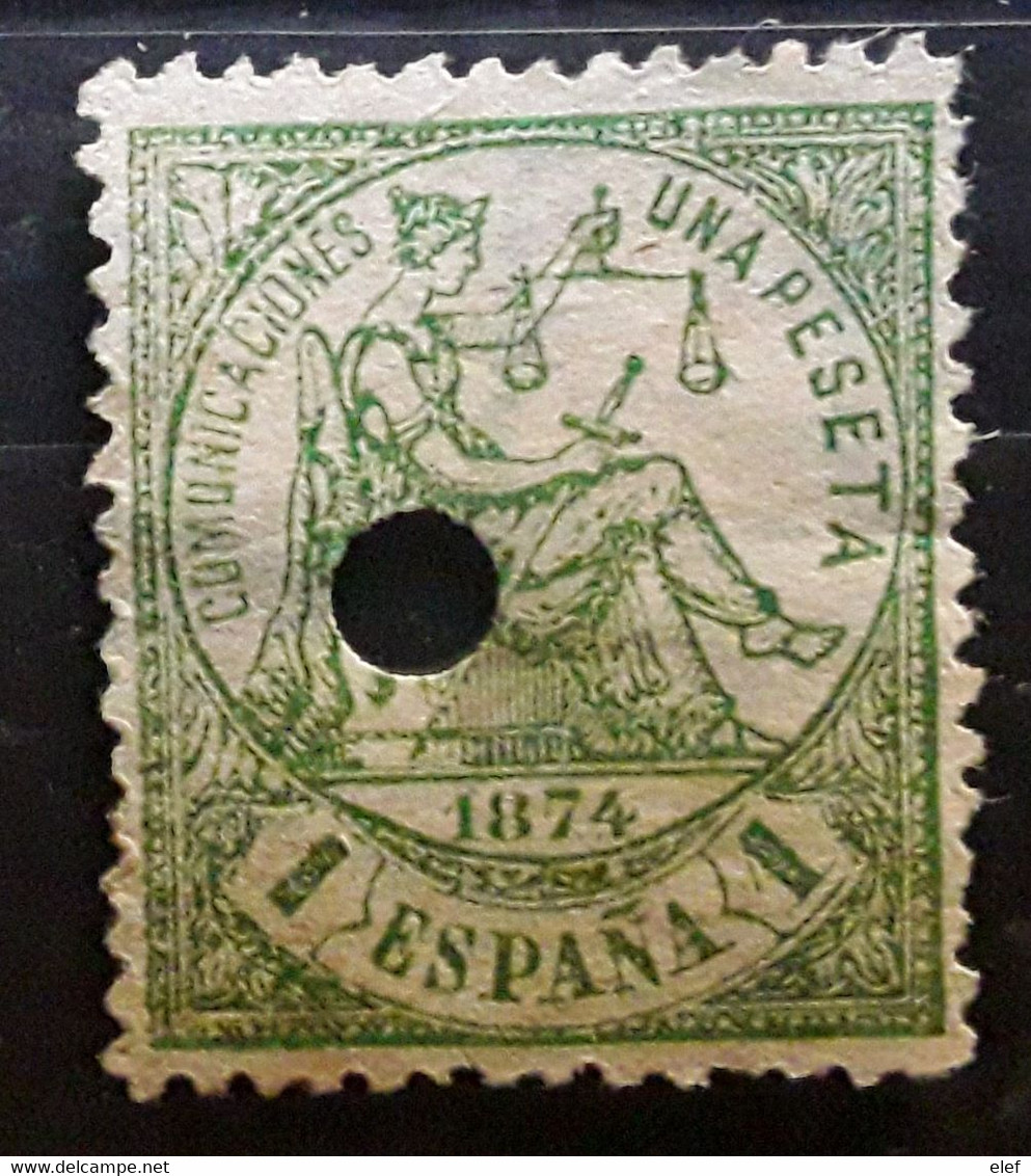 ESPANA ESPAGNE SPAIN 1874, Regence ,  Yvert No 148, Una Peseta Vert  Obl  TÉLÉGRAPHE TELEGRAFO TB - Usados