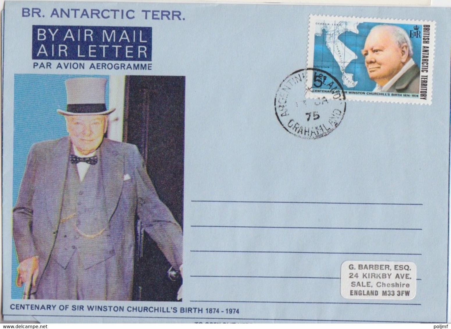 BAT, Aérogramme (Sir Winston Churchill) Obl. Argentine Is. Le 13 JA 75 Sur TP N° 62 - FDC