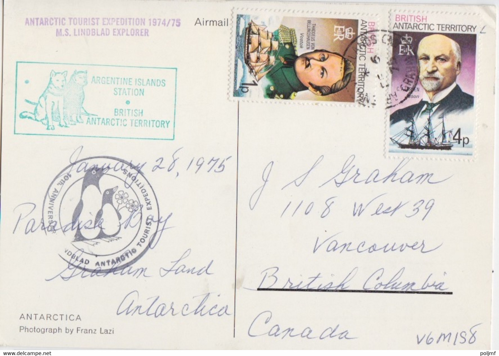 BAT, CP (Iceberg) Obl. Argentine Is. Le 6 FE 75 Sur TP N° 46, 51 + 3 Cachets Lindbald Explorer (Touriste 1974-75) - FDC