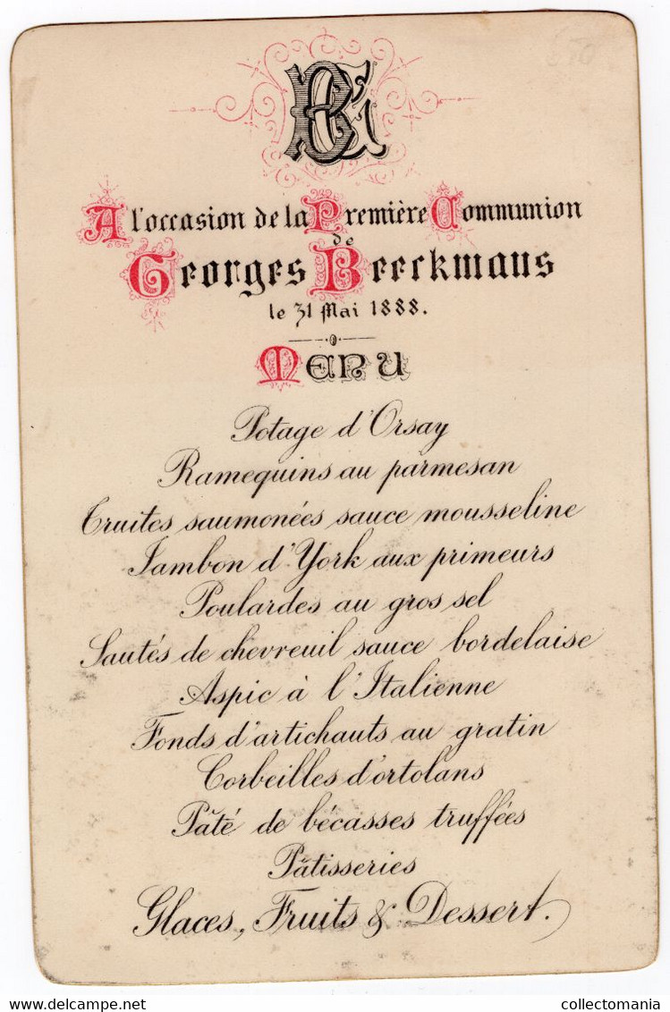 7 MENU 1894  1902  1888 Liliane Communion GHEEL 1939 GEEL  George Beeckmans Baptême 1902 - Menus