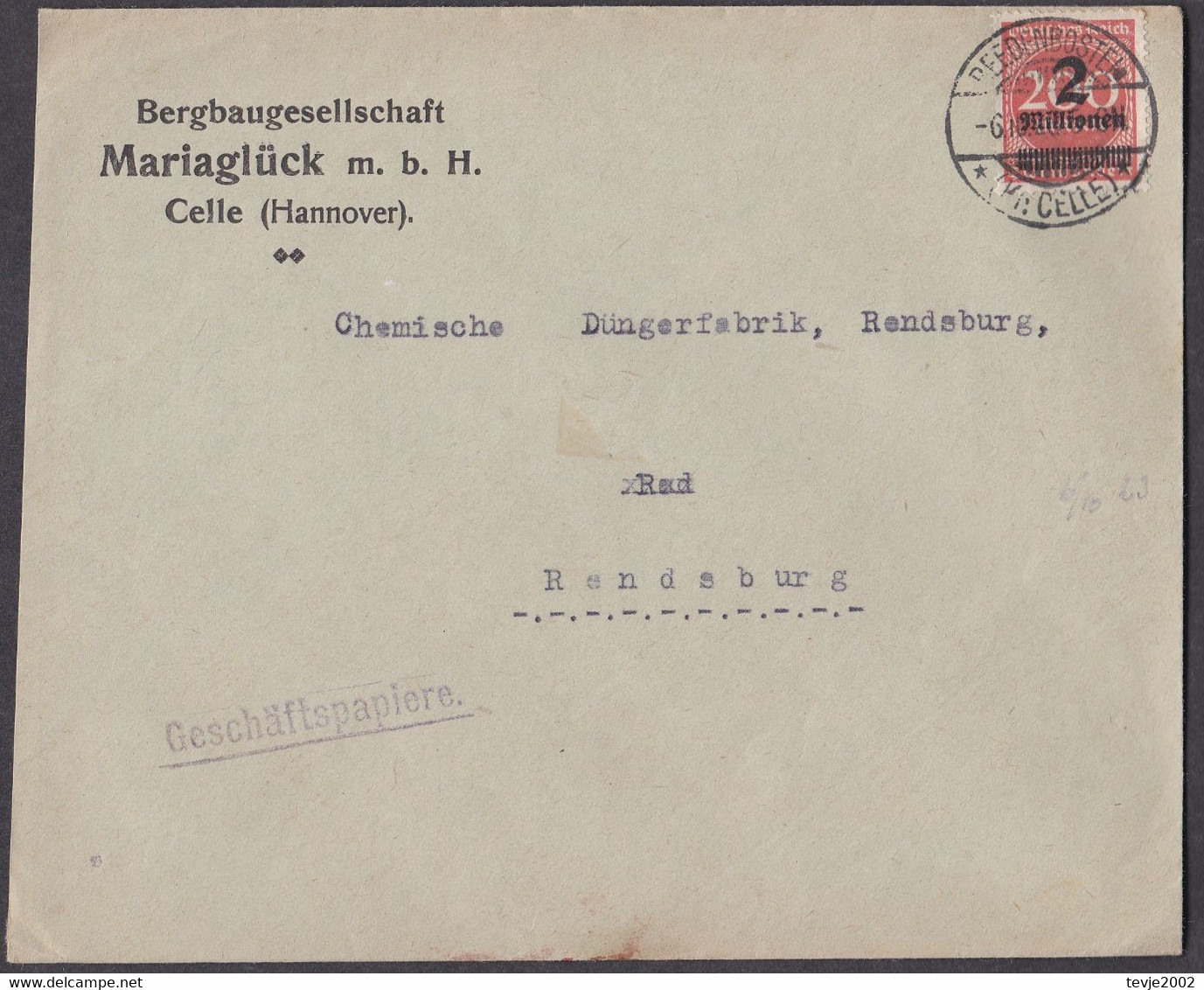 Md_ Deutsches Reich 1923 - Bedarfsbrief Beedenbostel Celle - 6.10.23 - Bergbaugesellschaft Mariaglück - Altri & Non Classificati