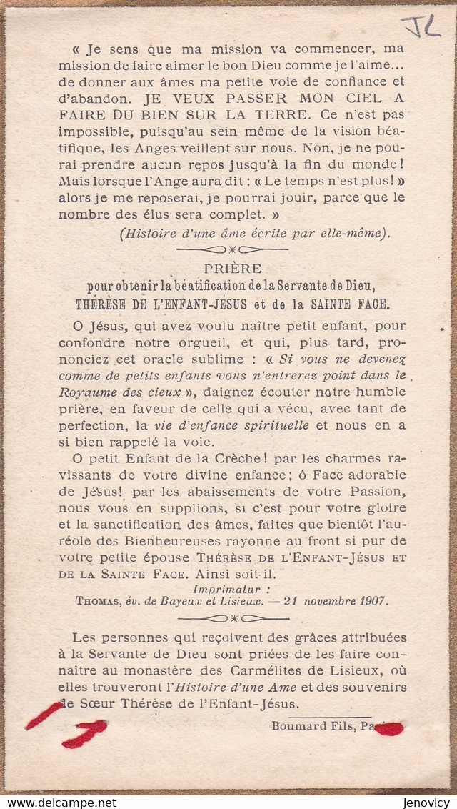 PIEUSE LA SERVANTE DE DIEU SOEUR THERESE DE L'ENFANT JESUS ET DE LA SAINTE FACE DETAILA VOIR !!!    REF 69663 - Devotieprenten